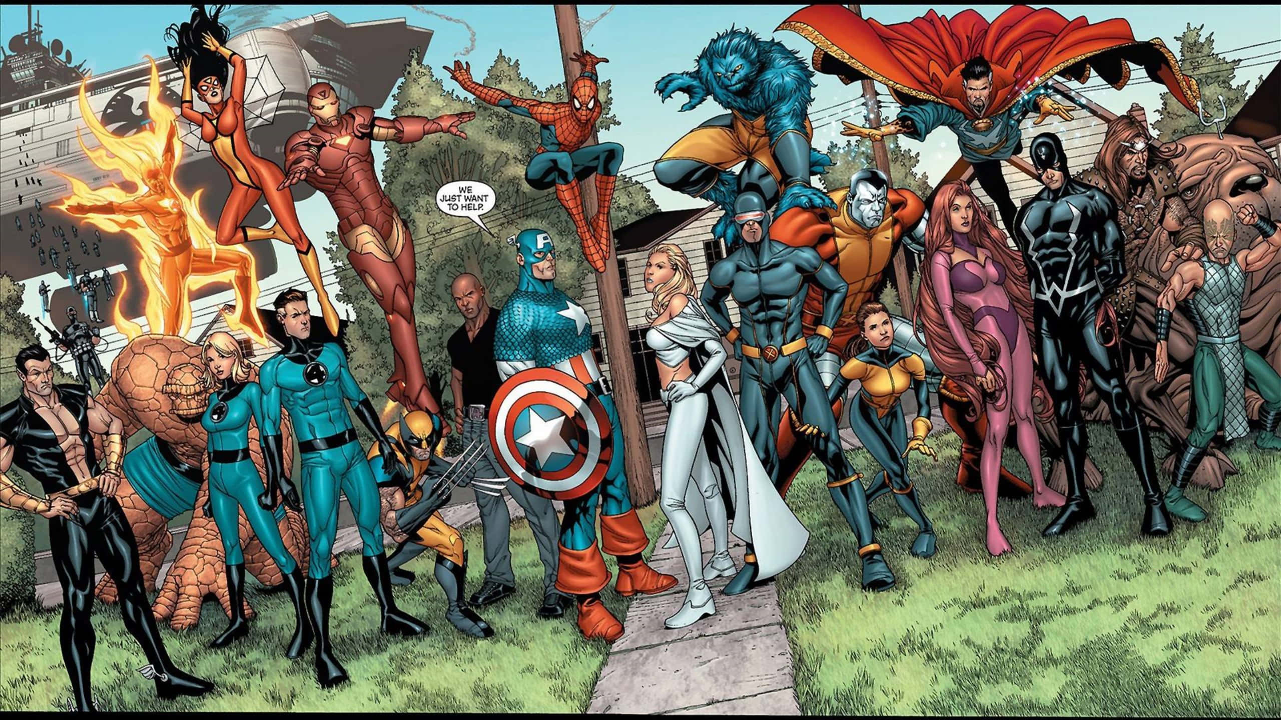 Marvel Comics 2560x1440 桌布 壁紙 — 一個充滿活力的漫畫書面板，數十位超級英雄和反派一起在郊區後院擺姿勢。