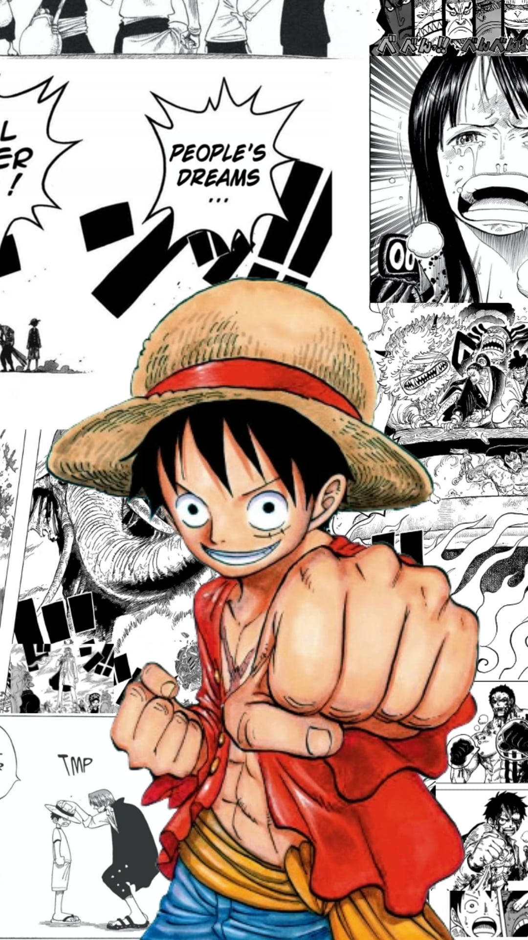 Luffy Aesthetic 桌布 壁紙 — 一個充滿活力的漫畫面板，展示一個戴著草帽和紅色背心的堅定年輕海盜，周圍是動態的漫畫藝術和對話氣泡。