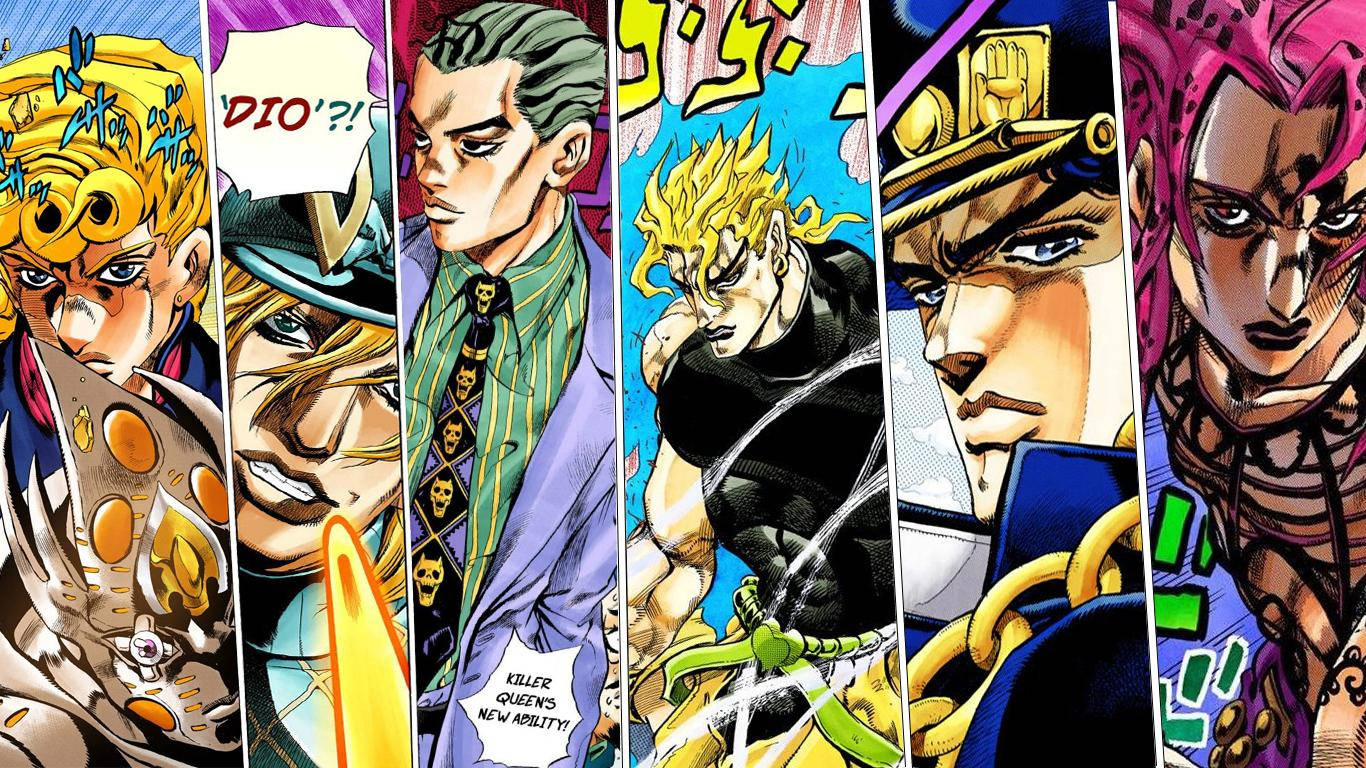 Jojo 桌布 壁紙 — 一個充滿活力的漫畫面板拼貼畫， featuring 六個表情動態、帶有強烈漫畫音效的動漫角色。