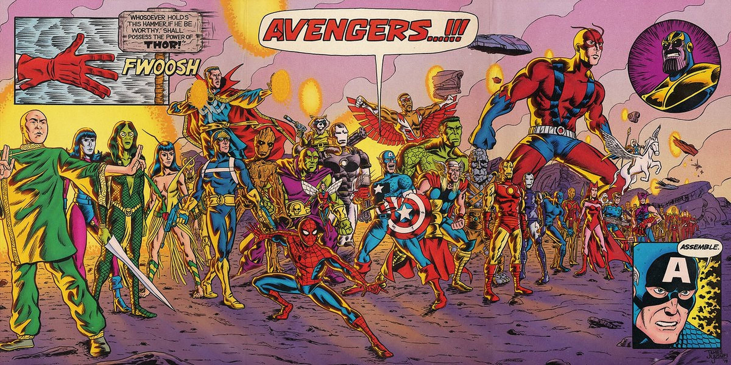 Assemble 桌布 壁紙 — 一個充滿活力的漫畫面板顯示復仇者聯盟以動態姿勢集結，背景是火熱的天空，雷神之鎚和薩諾斯隱約出現。