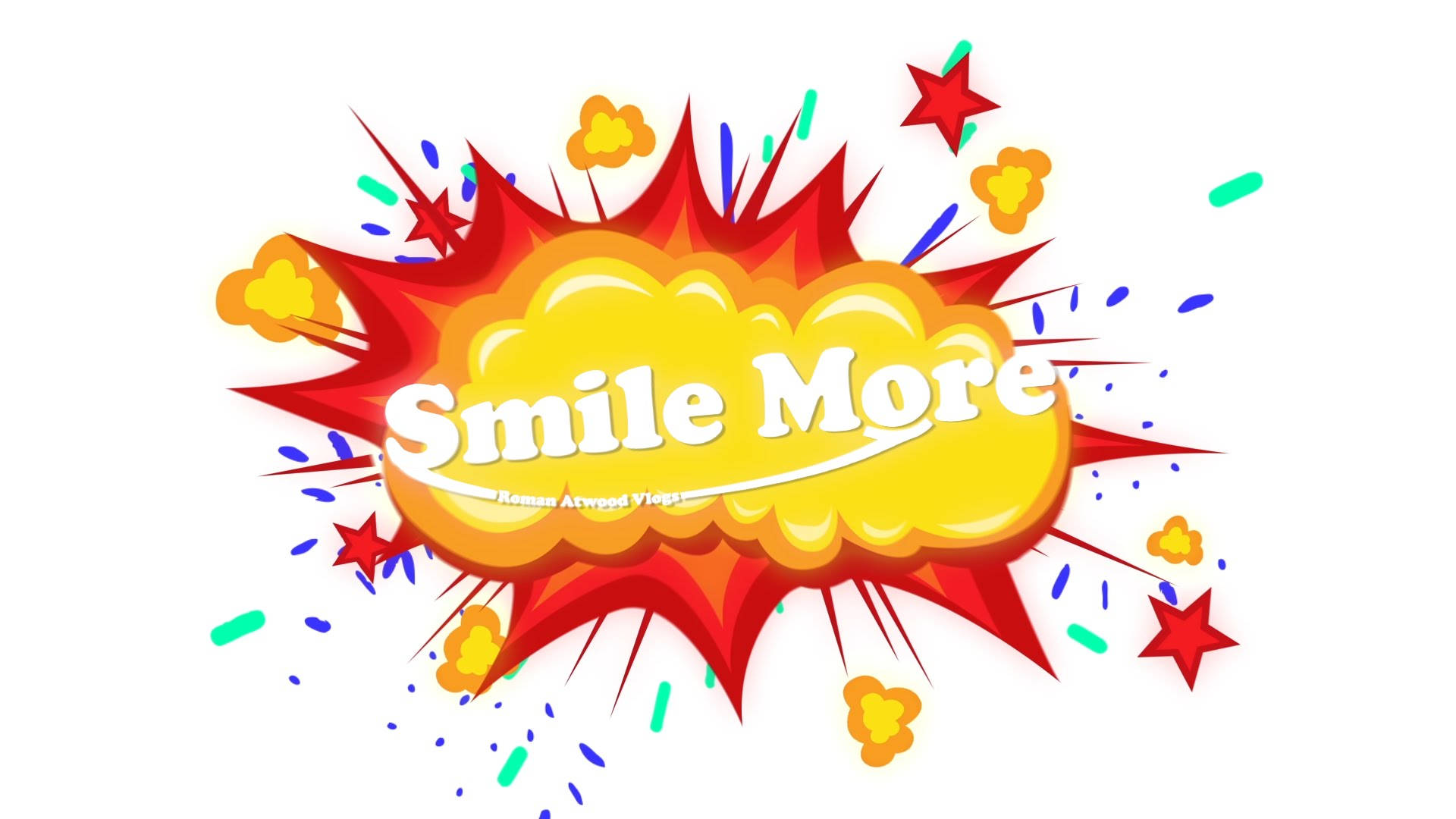 Smile 桌布 壁紙 — 一個充滿活力的漫畫風格爆炸圖形，帶有文字 '多微笑'，周圍環繞著星星和五彩紙屑。