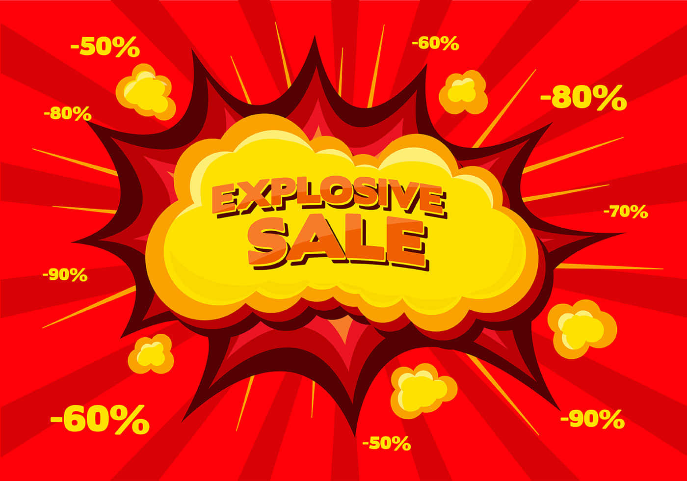 Sales 桌布 壁紙 — 一個充滿活力的漫畫風格爆炸圖形，以向外輻射的大膽百分比宣佈爆炸性促銷。
