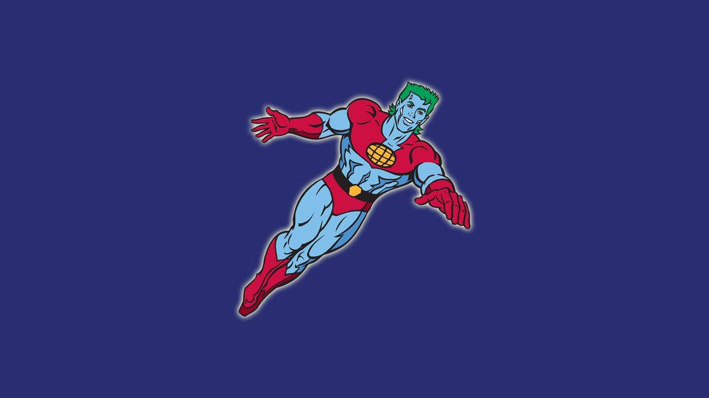 Captain Planet 桌布 壁紙 — 一個充滿活力的漫畫風格超級英雄，擁有綠色頭髮和紅色套裝，在純深藍色背景上動態飛行。