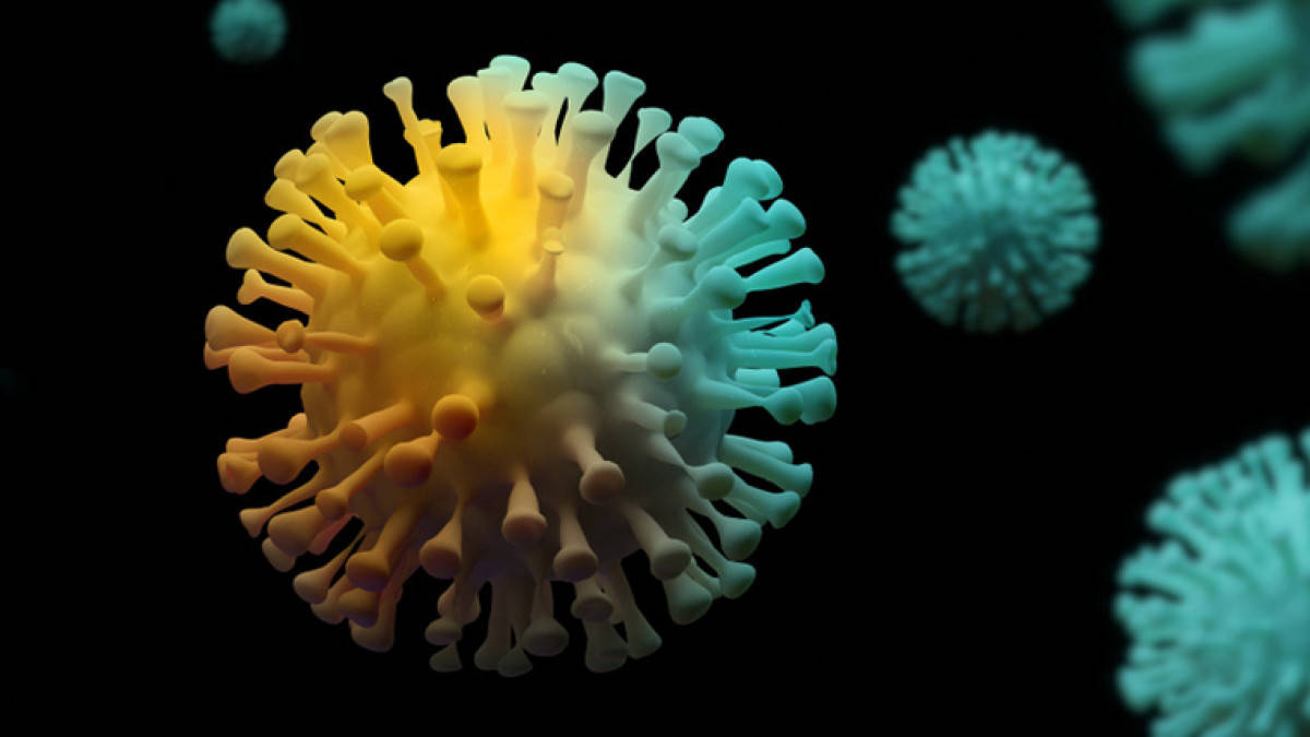 Coronavirus 桌布 壁紙 — 一個充滿活力的漸層病毒粒子，帶有黃色到青色的尖刺，漂浮在帶有模糊相似粒子的黑色背景上。