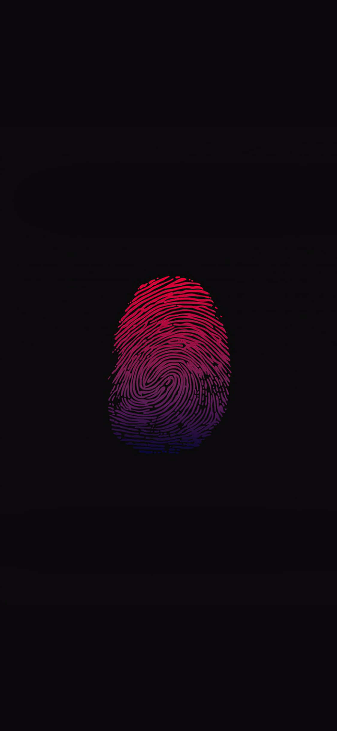 Touch Id 桌布 壁紙 — 一個充滿活力的漸層紅色和紫色指紋在純黑色背景上發光。
