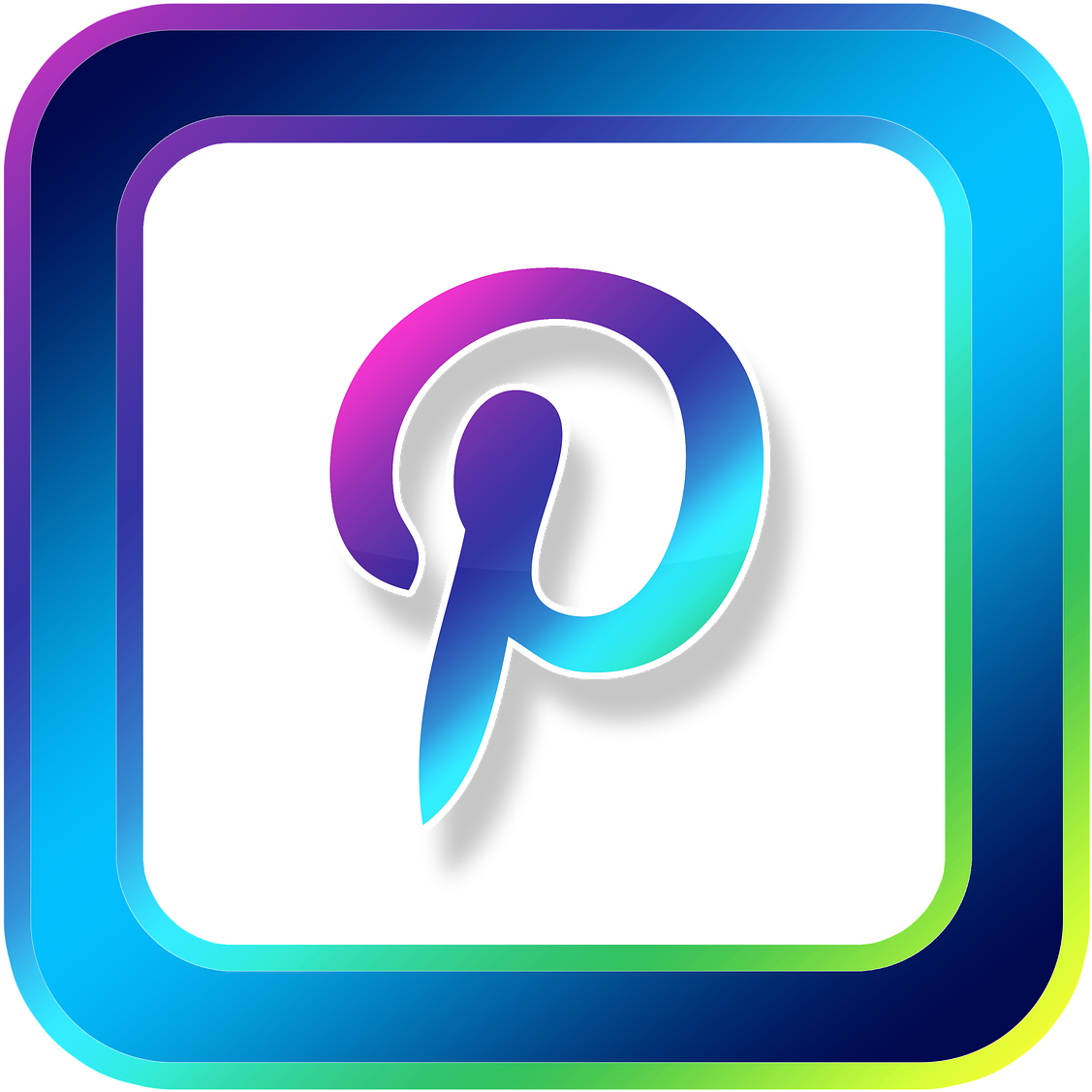 Pinterest 桌布 壁紙 — 一個充滿活力的漸變 Pinterest 標誌，在黑色背景上，一個發光的 'P' 位於彩色圓角正方形的中心。