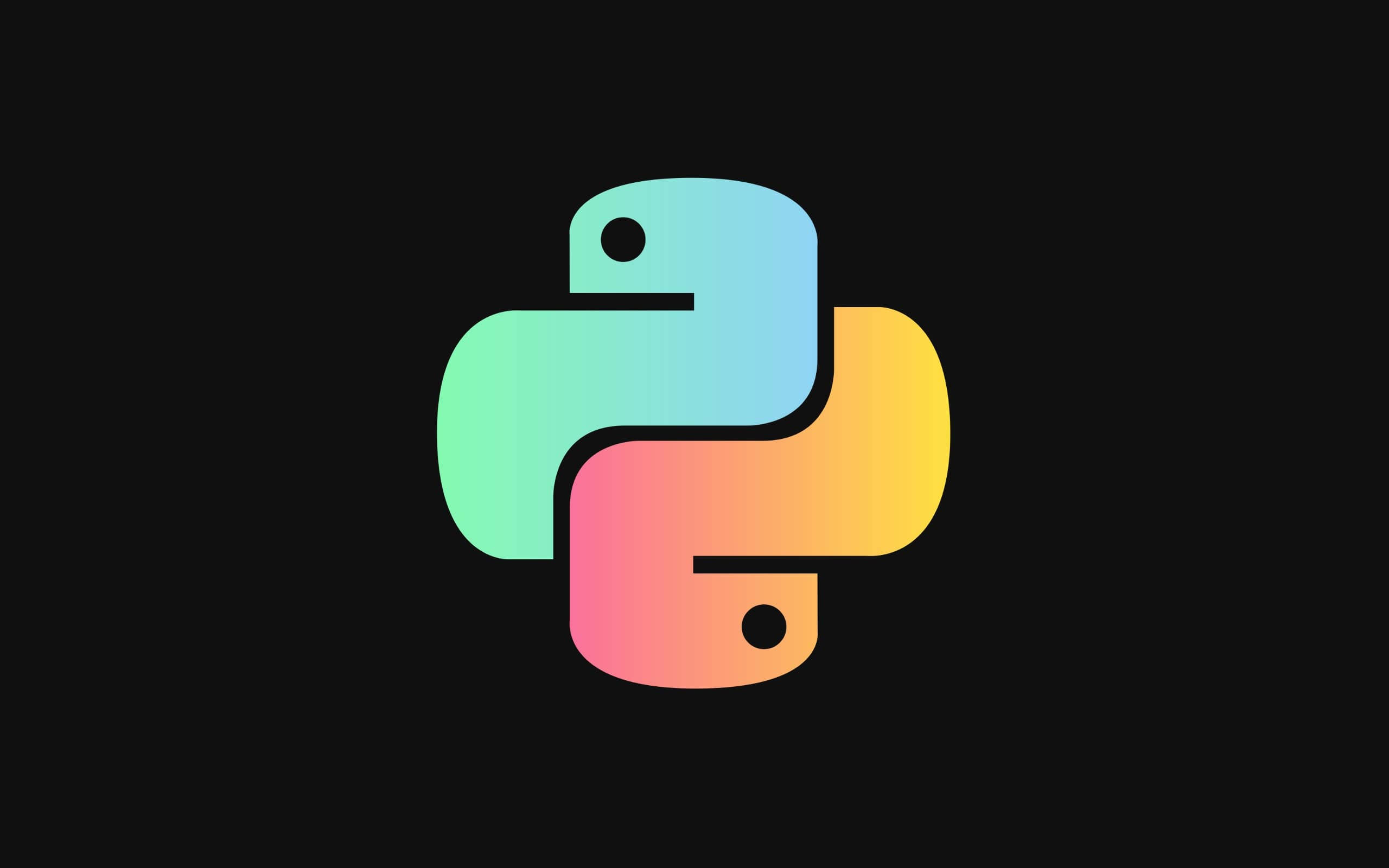 程式設計 桌布 壁紙 — 一個充滿活力的漸變 Python 標誌，帶有青綠色、粉紅色和黃色色調，置於純黑色背景上。