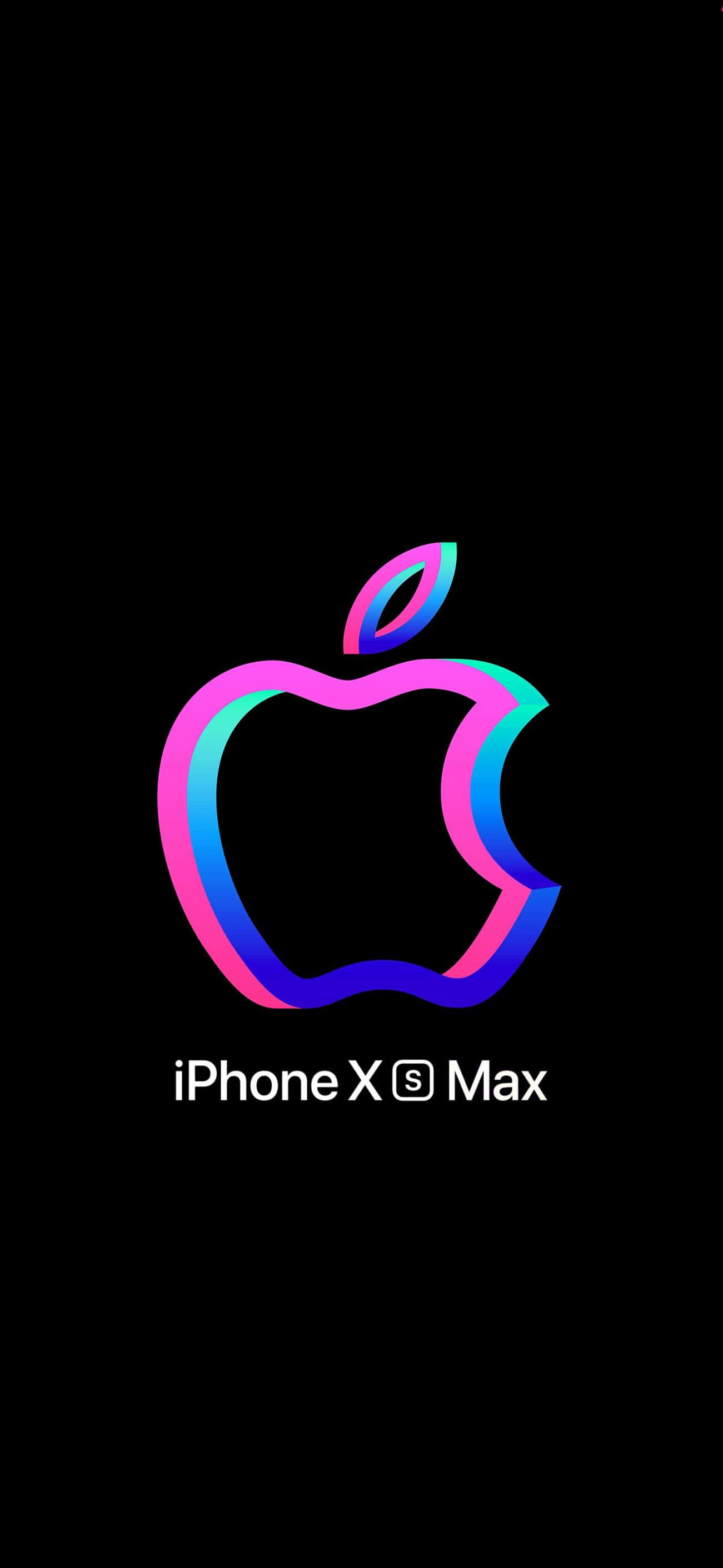 Apple iPhone Xs Max 桌布 壁紙 — 一個充滿活力的漸變Apple標誌，帶有粉紅色、藍色和藍綠色色調，居中在黑色背景上，下方有iPhone Xs Max文字。