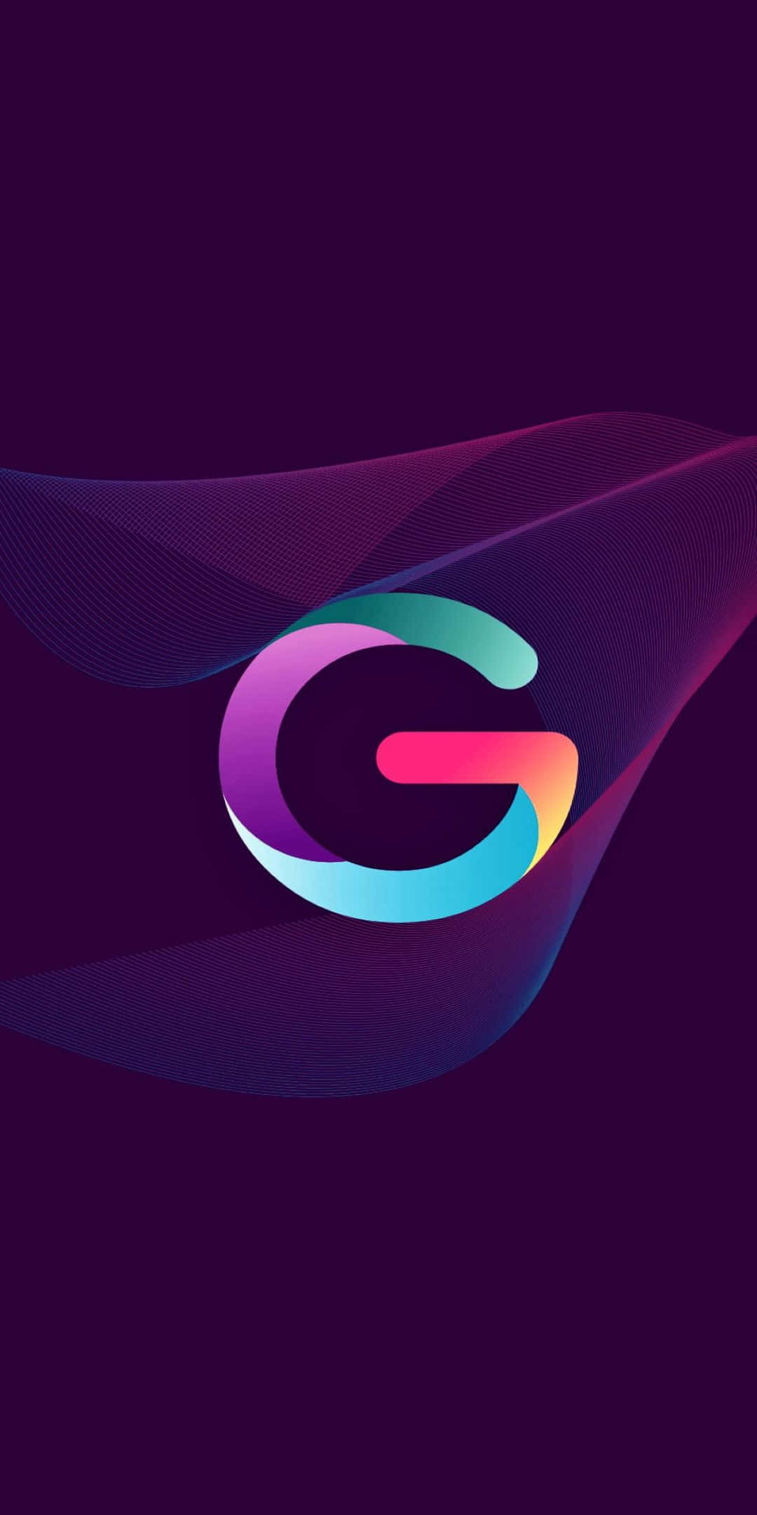 Pixel 3 桌布 壁紙 — 一個充滿活力的漸變字母G在深紫色背景上穿過動態的數位波浪流動。