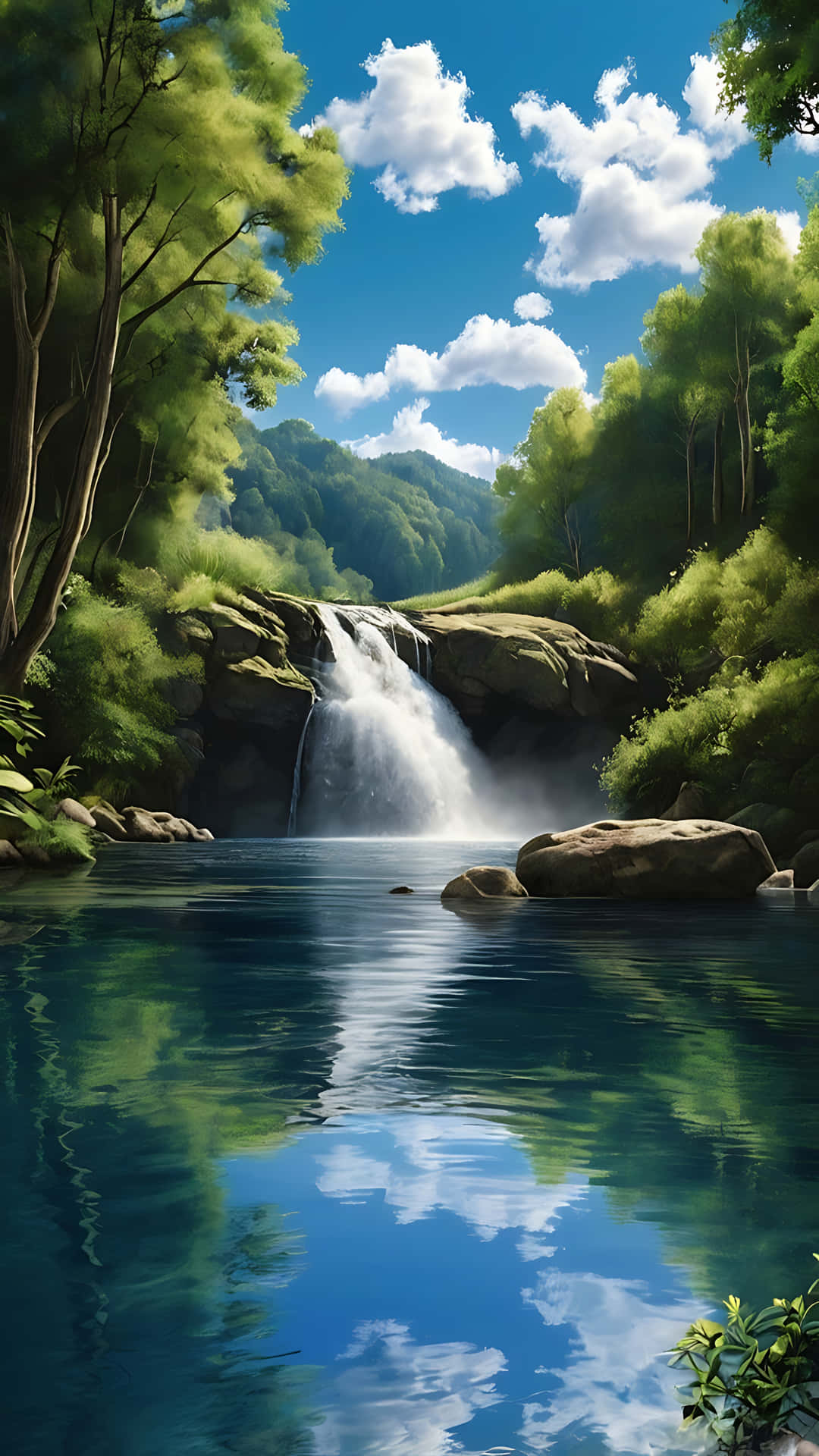 Tranquil Waterfall Reflection Under Blue Skies. smartphone wallpaper 壁紙 — 一個充滿活力的瀑布傾瀉而下，流入一個平靜的藍色水池，周圍環繞著茂密的綠樹，天空明亮，白雲朵朵。