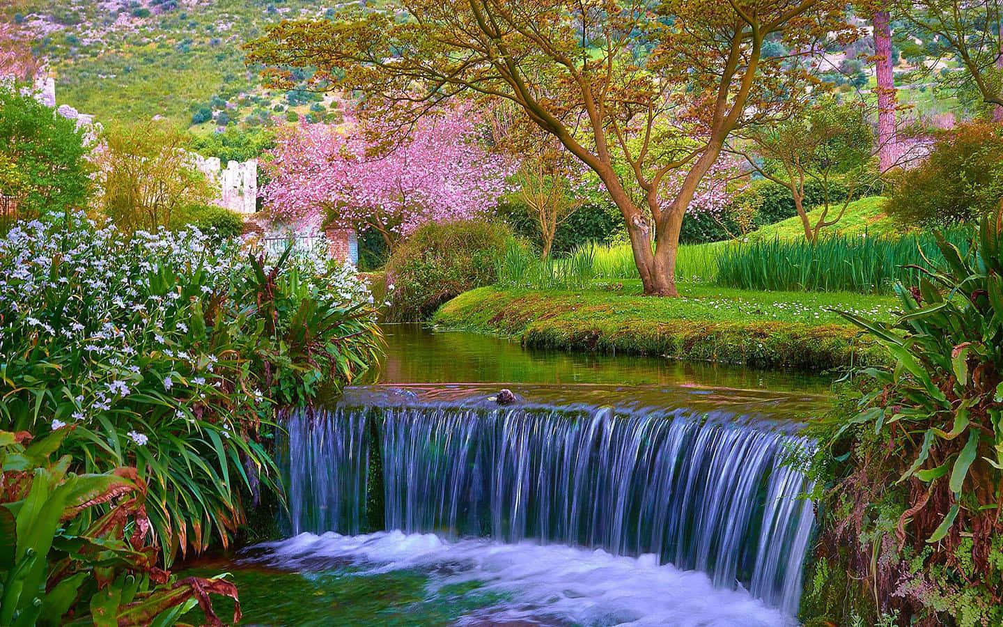 Waterfalls 桌布 壁紙 — 一個充滿活力的瀑布在明亮的日光下，穿過茂密的綠色植物和粉紅色的開花樹木傾瀉而下。