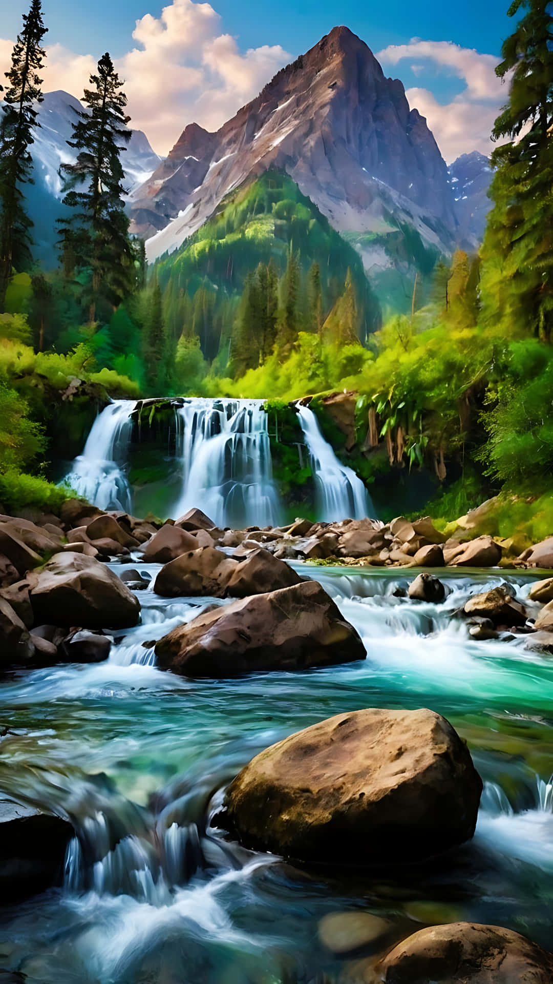 Dreamy Waterfall Adventure in Mountain Serenity. smartphone wallpaper 壁紙 — 一個充滿活力的瀑布從長滿苔蘚的岩石上傾瀉而下，流入松樹高聳、積雪山峰下的碧綠溪流。