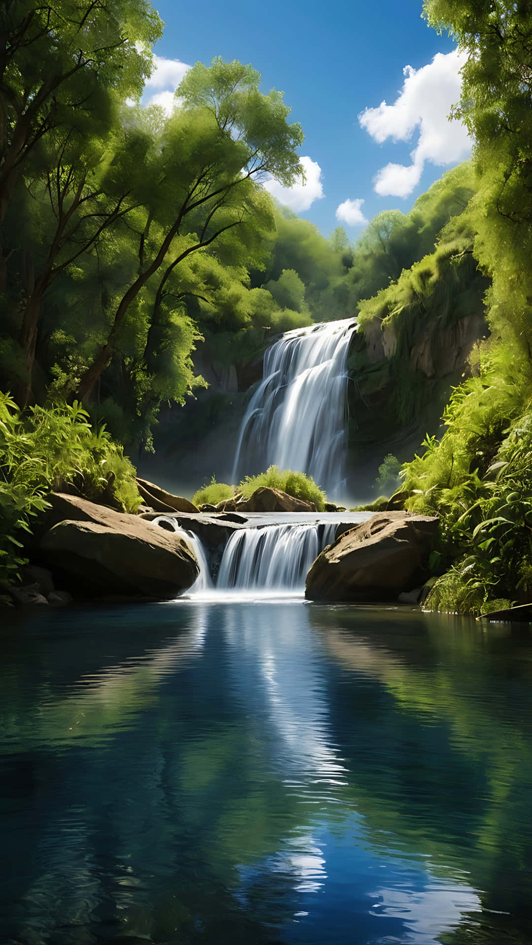 Tranquil Waterfall Reflection Under Blue Skies. smartphone wallpaper 壁紙 — 一個充滿活力的瀑布穿過茂密的綠色叢林，流入晴朗天空下平靜的藍色水池。