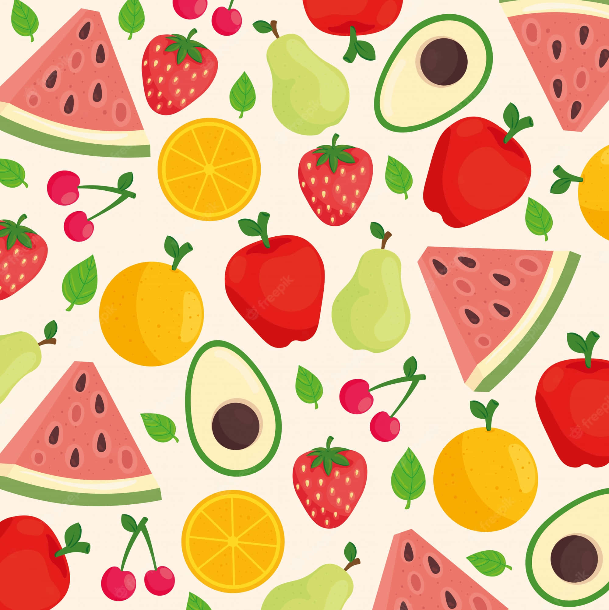 Fruit 桌布 壁紙 — 一個充滿活力的無縫圖案，包含卡通風格的水果，如西瓜、草莓和酪梨，在奶油色背景上。