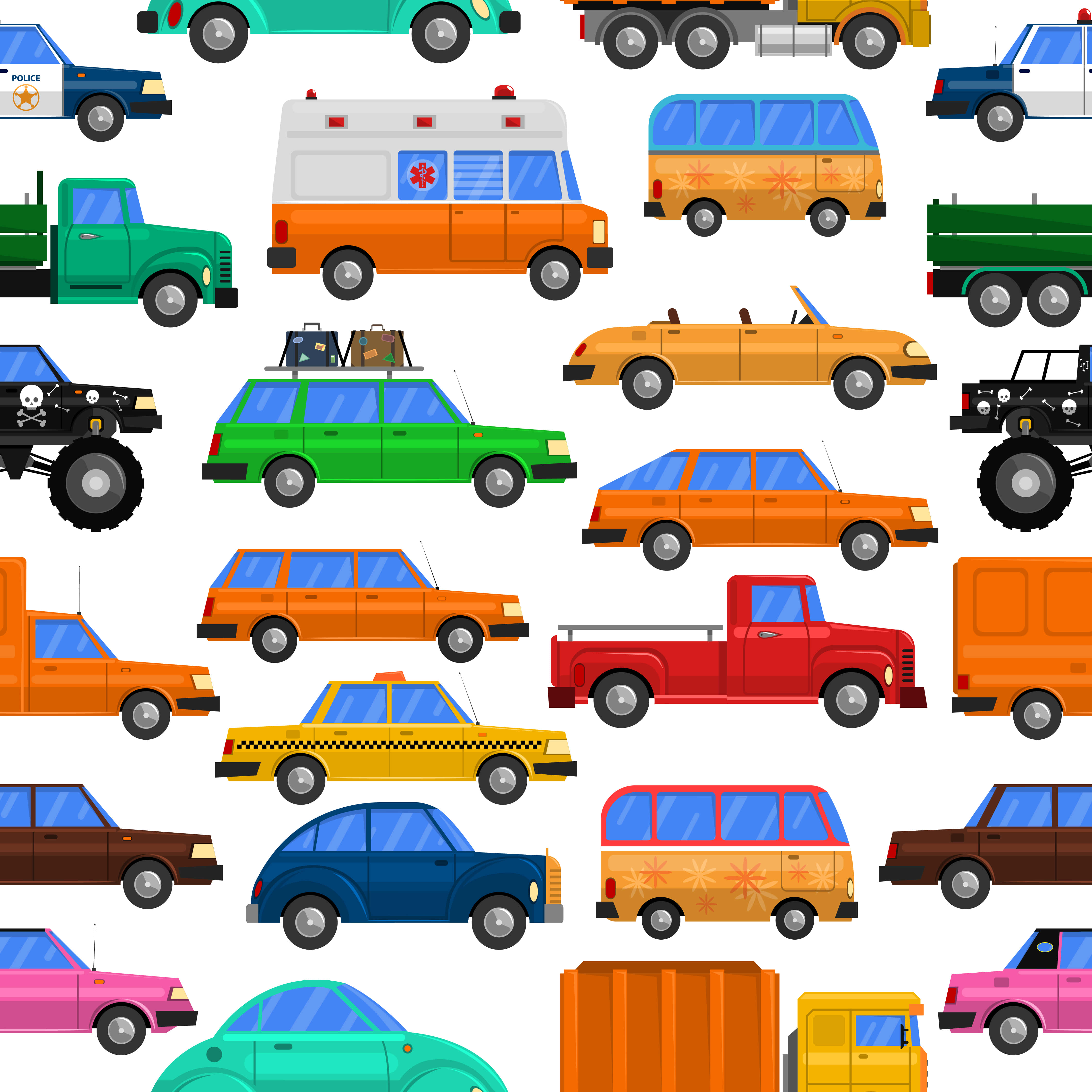 Car Pattern 桌布 壁紙 — 一個充滿活力的無縫圖案，包含色彩繽紛的卡通車輛，包括計程車、救護車和卡車，以重複網格排列。