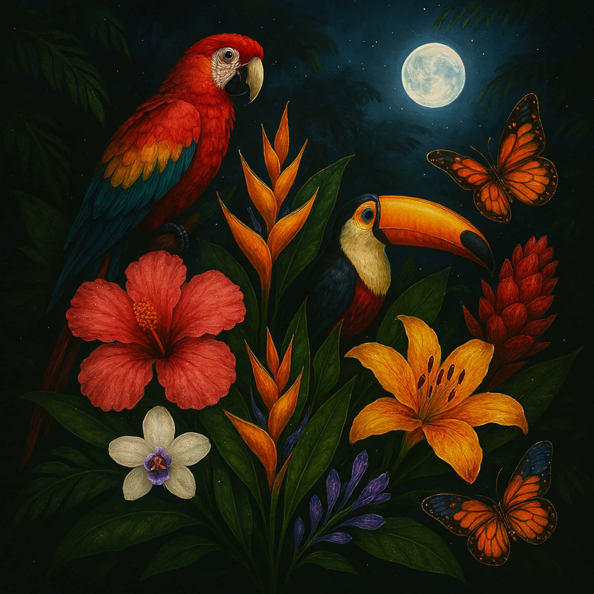 Abstract floral background 壁紙 — 一個充滿活力的熱帶夜景，一隻紅色金剛鸚鵡和巨嘴鳥棲息在色彩繽紛的花朵中，橙色蝴蝶在滿月下飛舞。