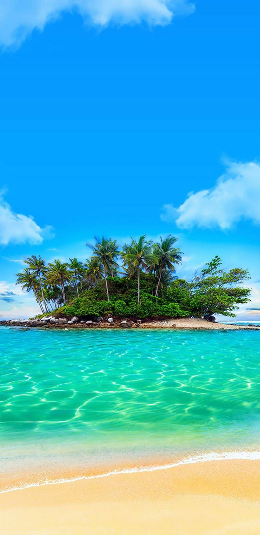 Island 桌布 壁紙 — 一個充滿活力的熱帶島嶼，有棕櫚樹和碧綠的海水，在明亮的藍天和蓬鬆的雲朵下。