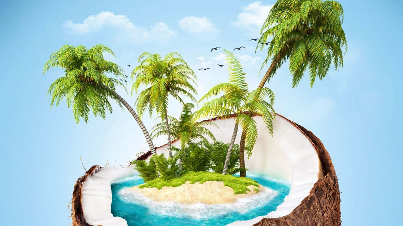 Coconut Tree 桌布 壁紙 — 一個充滿活力的熱帶島嶼，有棕櫚樹和碧綠的海水，安放在一個巨大的開口椰子內，背景是清澈的藍天。