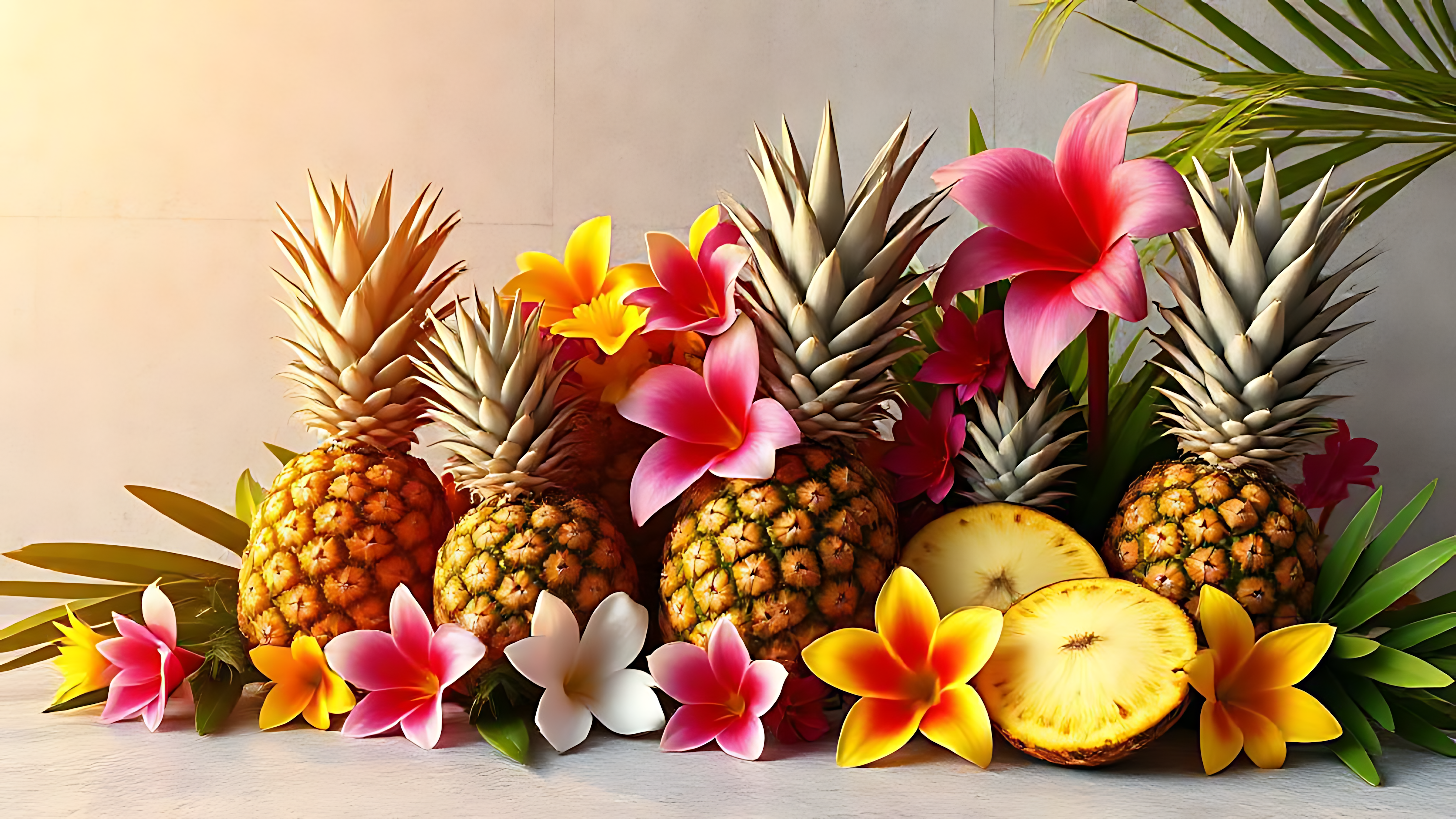 Pineapple 桌布 壁紙 — 一個充滿活力的熱帶擺設，包括完整和切片的鳳梨，周圍環繞著粉紅色、黃色和白色的雞蛋花，放在淺色表面上。