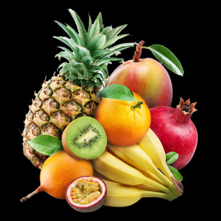 Fruit 桌布 壁紙 — 一個充滿活力的熱帶水果組合，包括鳳梨、芒果、柳橙、奇異果、香蕉、石榴和百香果，襯托在黑色背景上。
