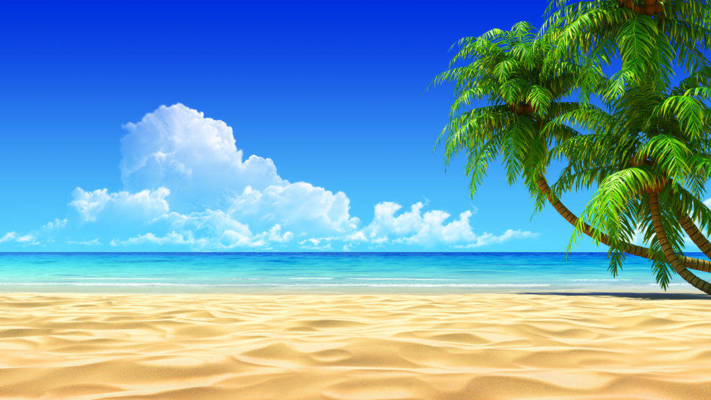 Tropical Beach 桌布 壁紙 — 一個充滿活力的熱帶海灘，擁有金色沙灘、碧綠海水和一棵茂盛的棕櫚樹，在明亮的藍天和白雲下搖曳。