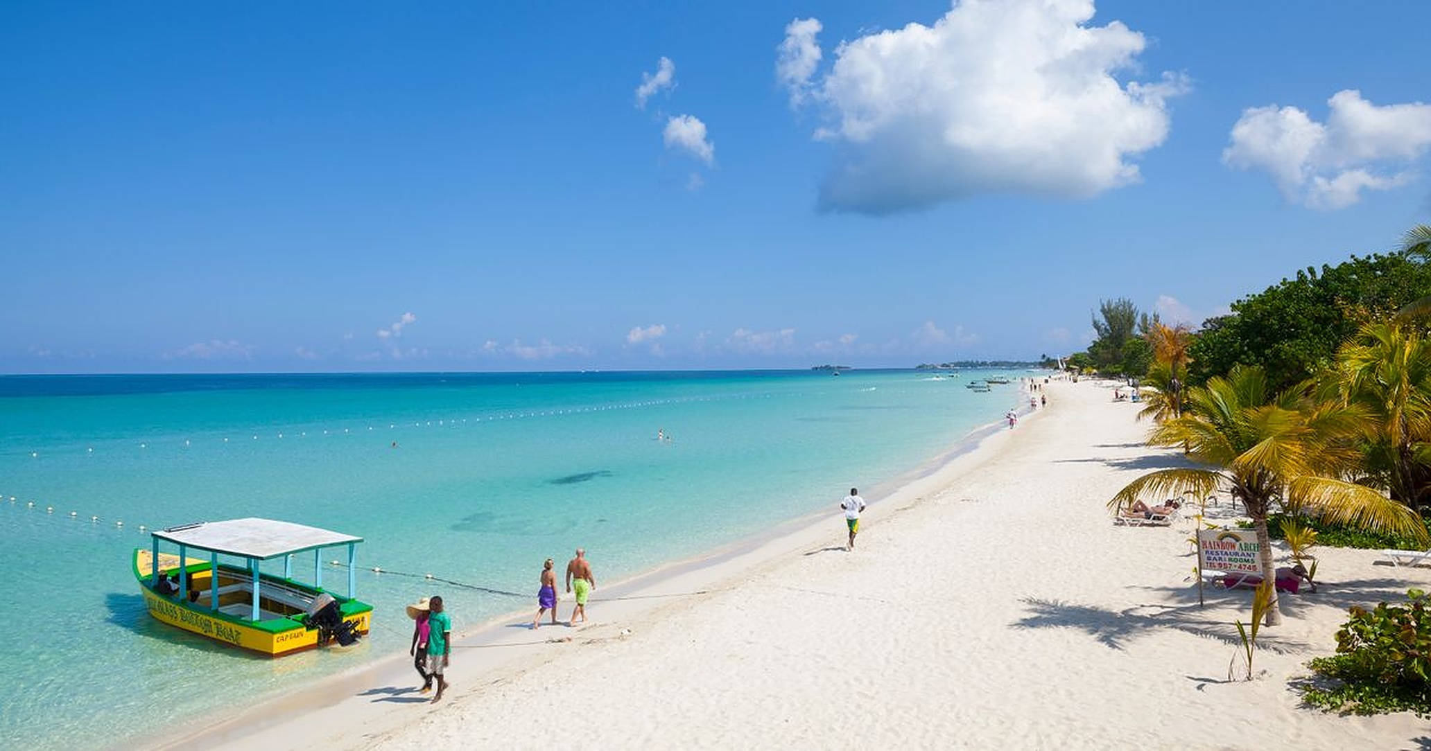 Jamaica Beach 桌布 壁紙 — 一個充滿活力的熱帶海灘，有碧綠的海水、白色的沙灘、棕櫚樹，以及人們在明亮的藍天下享受陽光燦爛的一天。