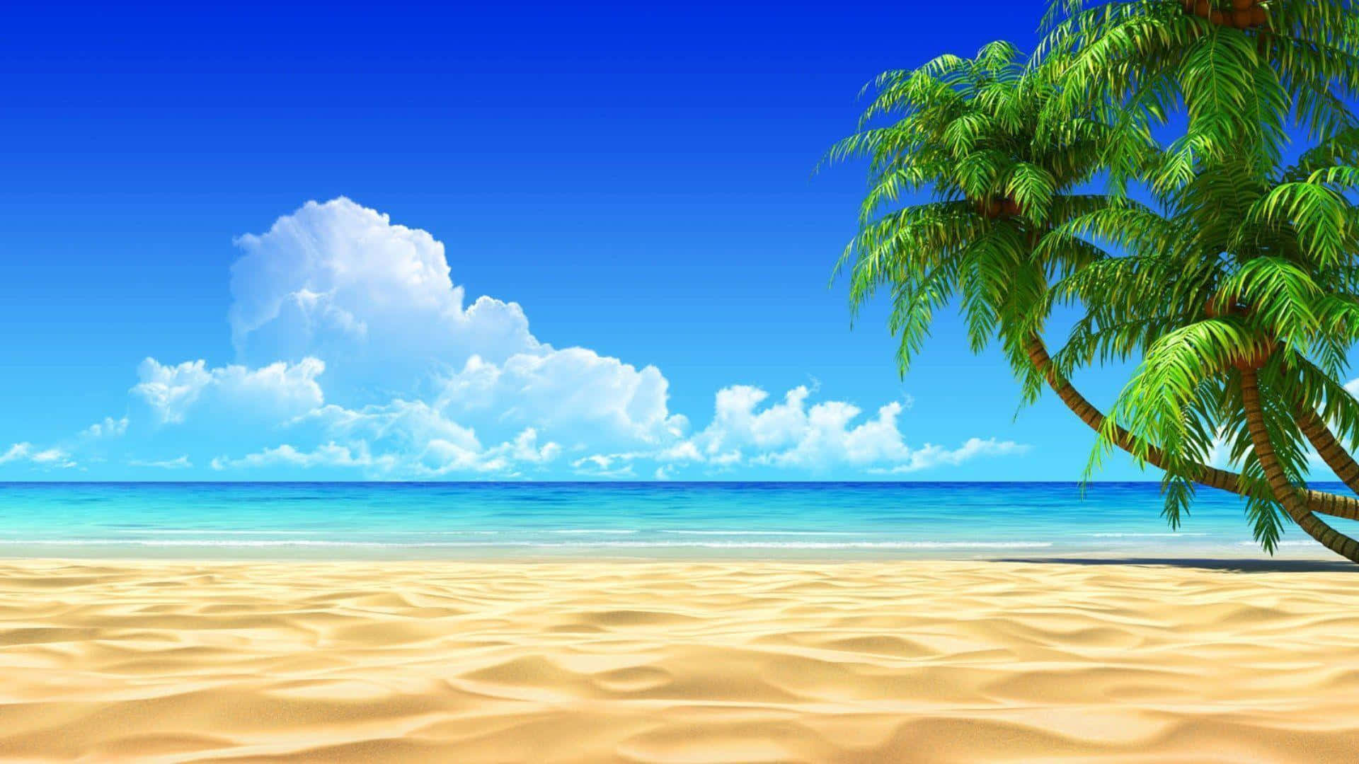 High Resolution Beach 桌布 壁紙 — 一個充滿活力的熱帶海灘，有金色沙灘、碧綠海水和茂密的綠色棕櫚樹，在明亮的藍天下有蓬鬆的白雲。