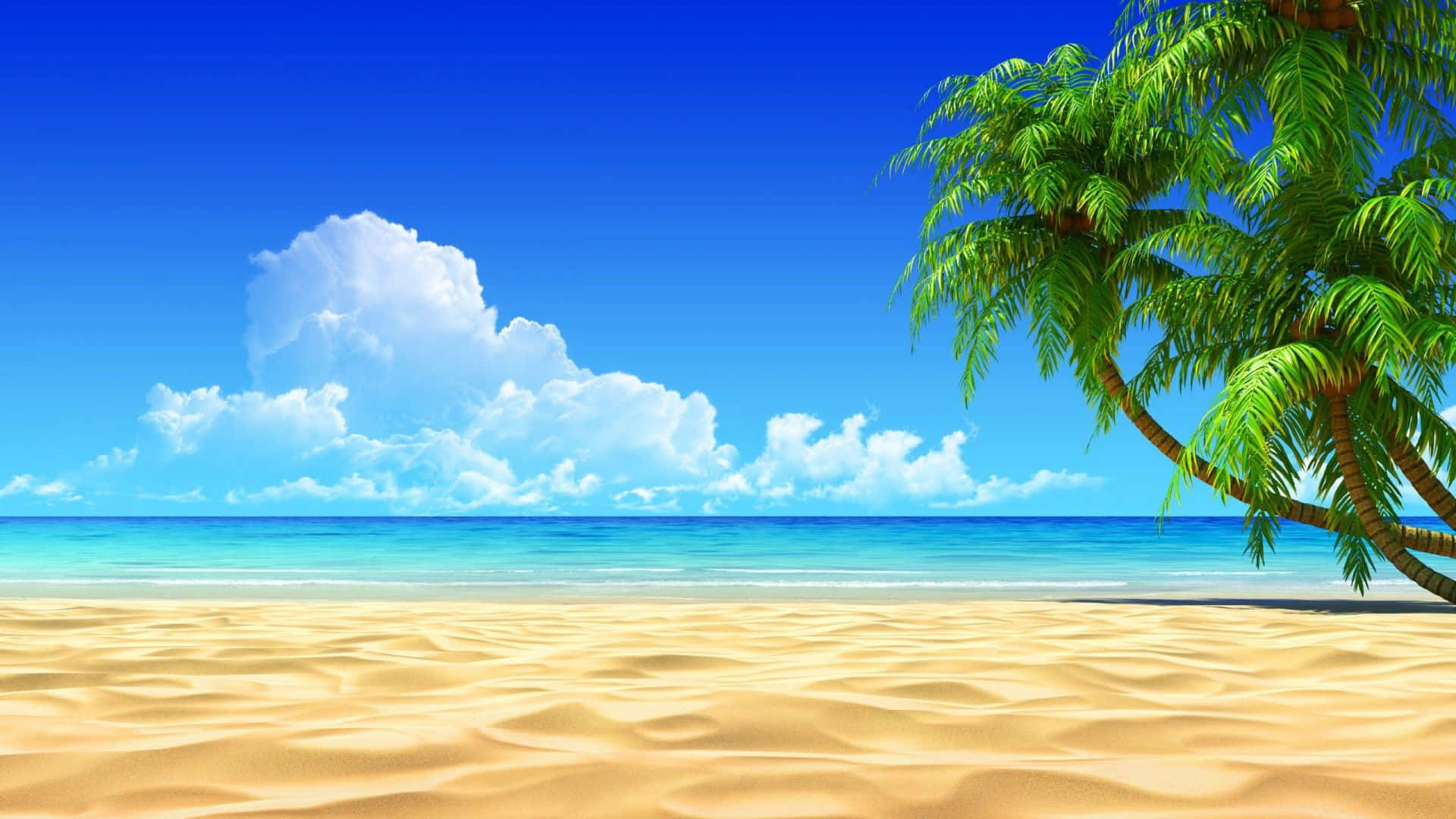 HD Beach 桌布 壁紙 — 一個充滿活力的熱帶海灘，有金色沙灘、碧綠海水和茂密的棕櫚樹，在晴朗的藍天和蓬鬆的白雲下。