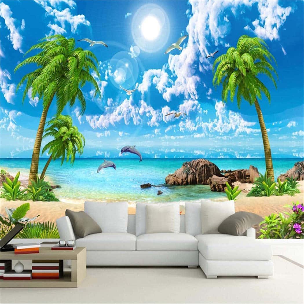 桌布 壁紙 — 一個充滿活力的熱帶海灘場景，有棕櫚樹、海豚和海鷗，在明亮的藍天下有蓬鬆的雲朵。