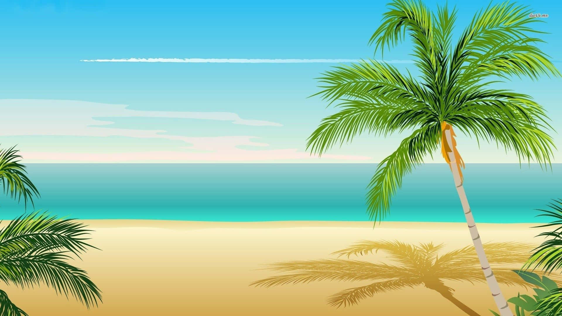桌布 壁紙 — 一個充滿活力的熱帶海灘場景，高大的棕櫚樹在清澈的藍天下在金色沙灘上投下陰影。