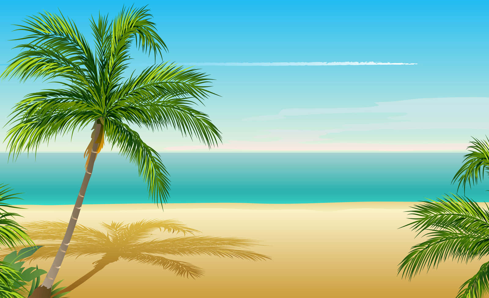 paradise 桌布 壁紙 — 一個充滿活力的熱帶海灘場景，高大的棕櫚樹在清澈的藍天下在金色沙灘上投下長長的影子。