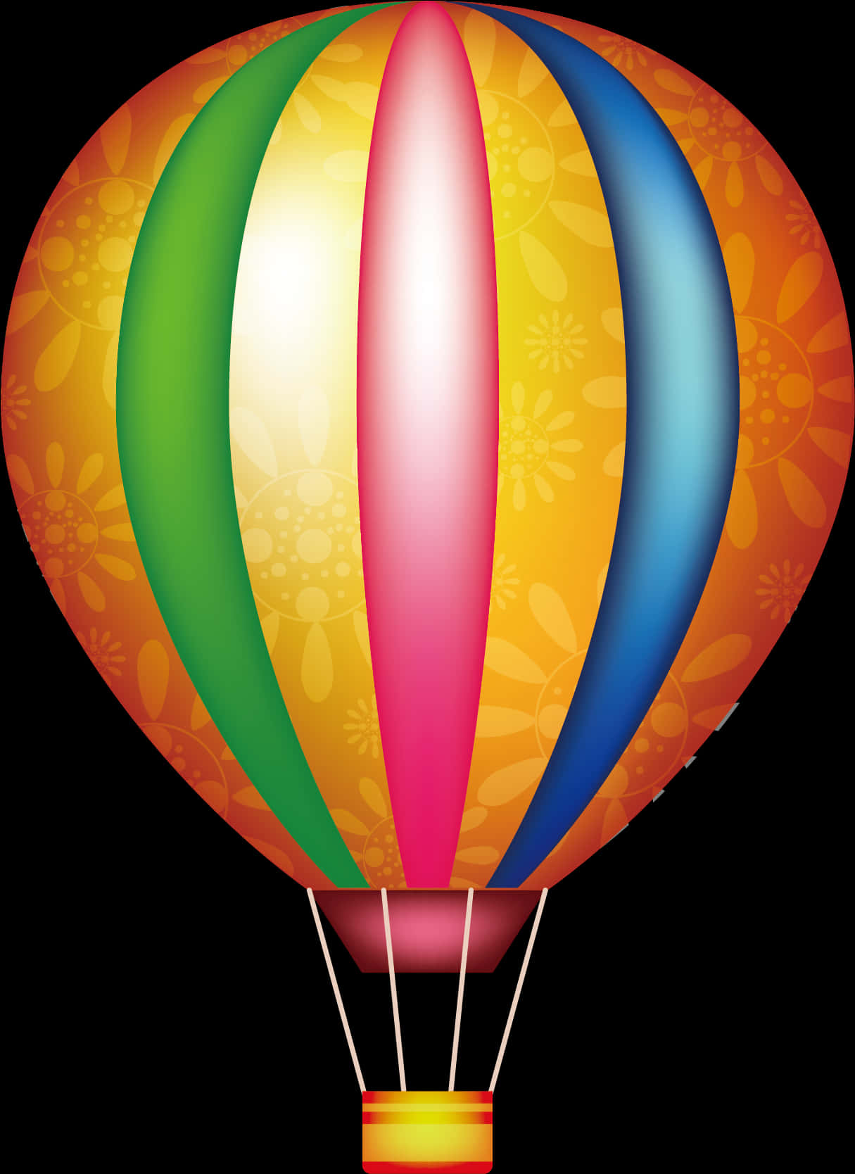 Balloon 桌布 壁紙 — 一個充滿活力的熱氣球，帶有彩虹條紋和花卉圖案，漂浮在黑色背景上。