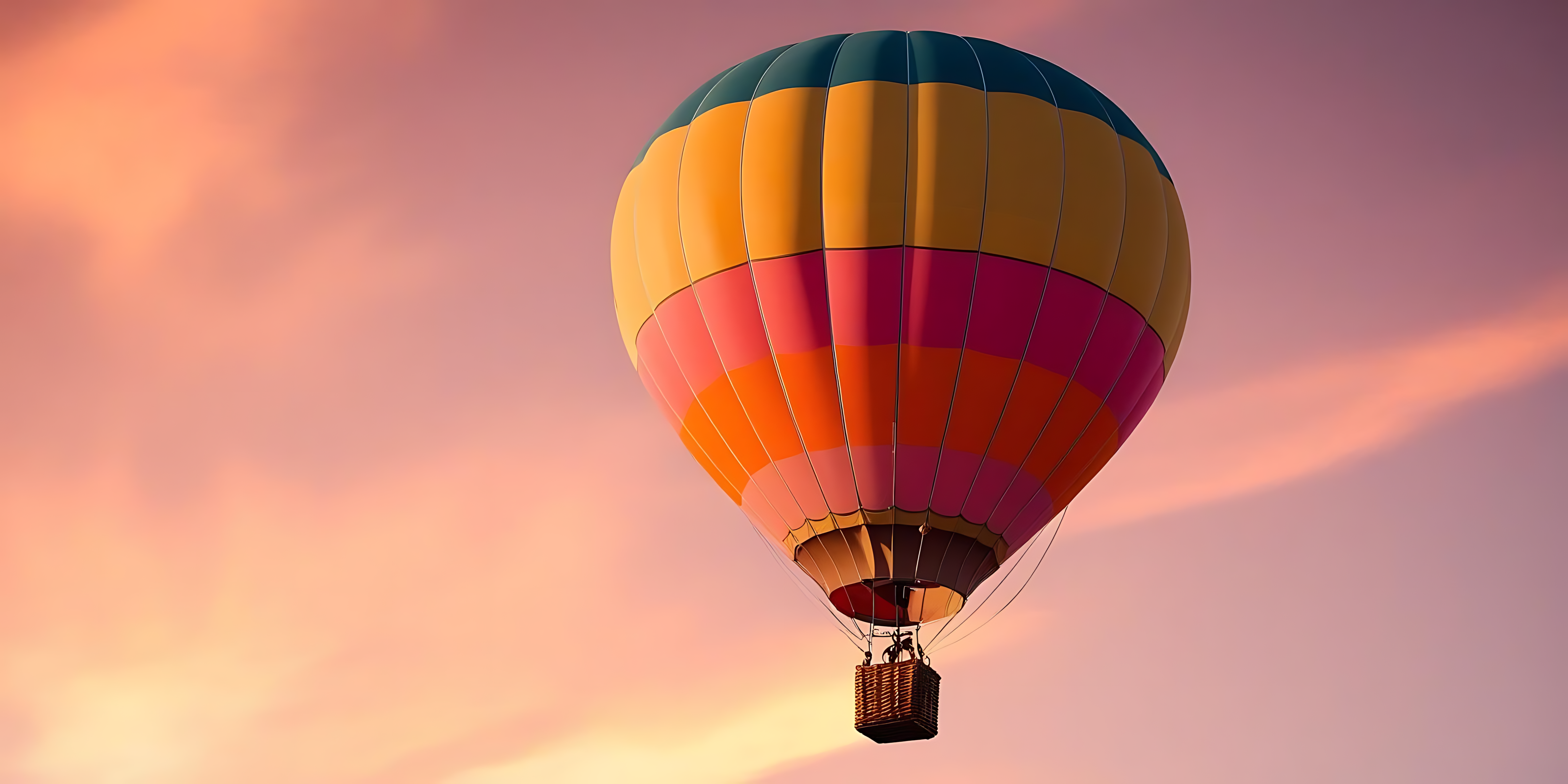 Hot Air Balloon 桌布 壁紙 — 一個充滿活力的熱氣球，帶有黃色、粉紅色和藍綠色條紋，在柔和的粉紅色和橙色日落天空中寧靜地漂浮。