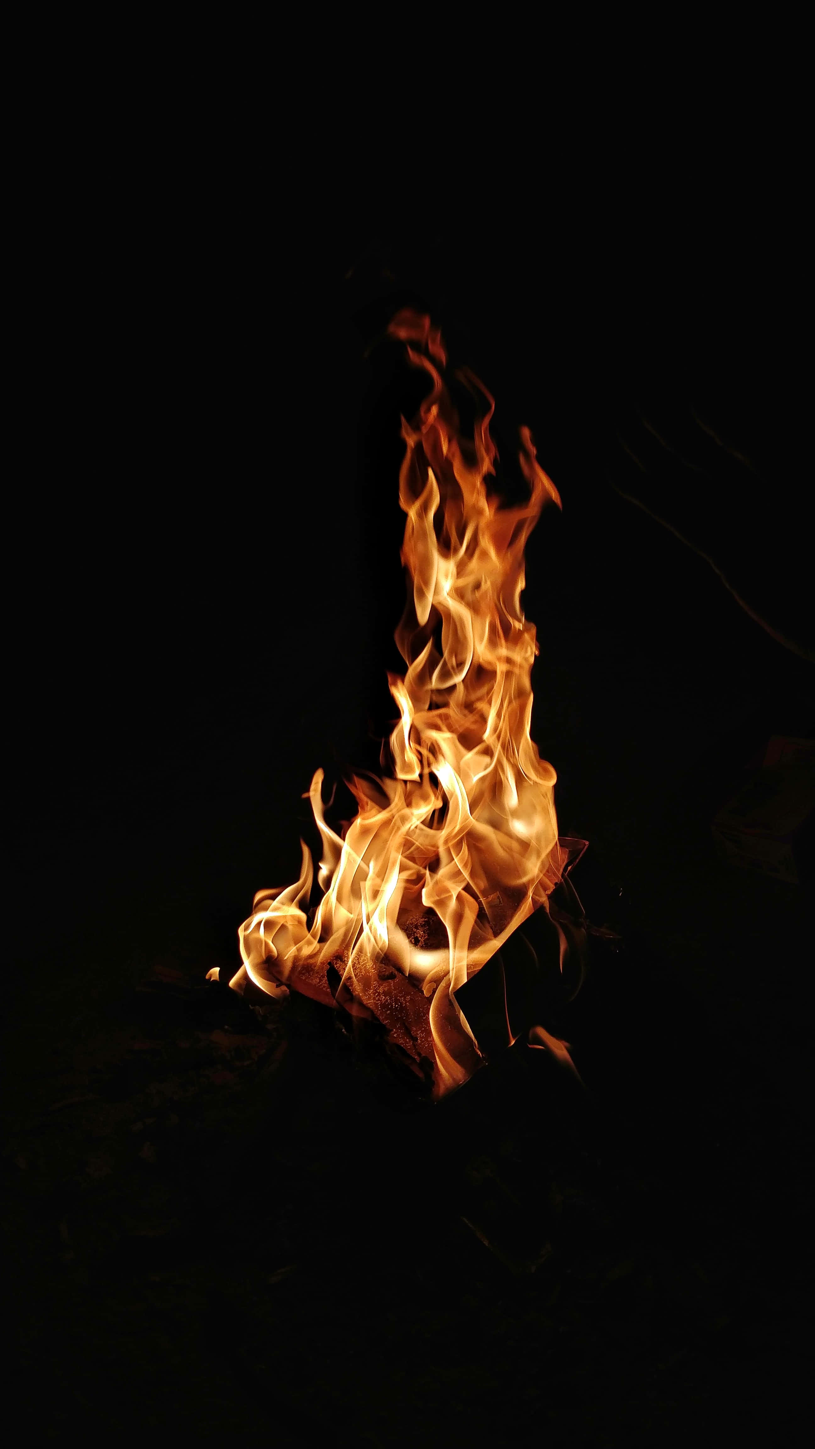 Flame 桌布 壁紙 — 一個充滿活力的營火在漆黑的夜空下明亮地燃燒，向周圍的黑暗投射溫暖的金色光芒。