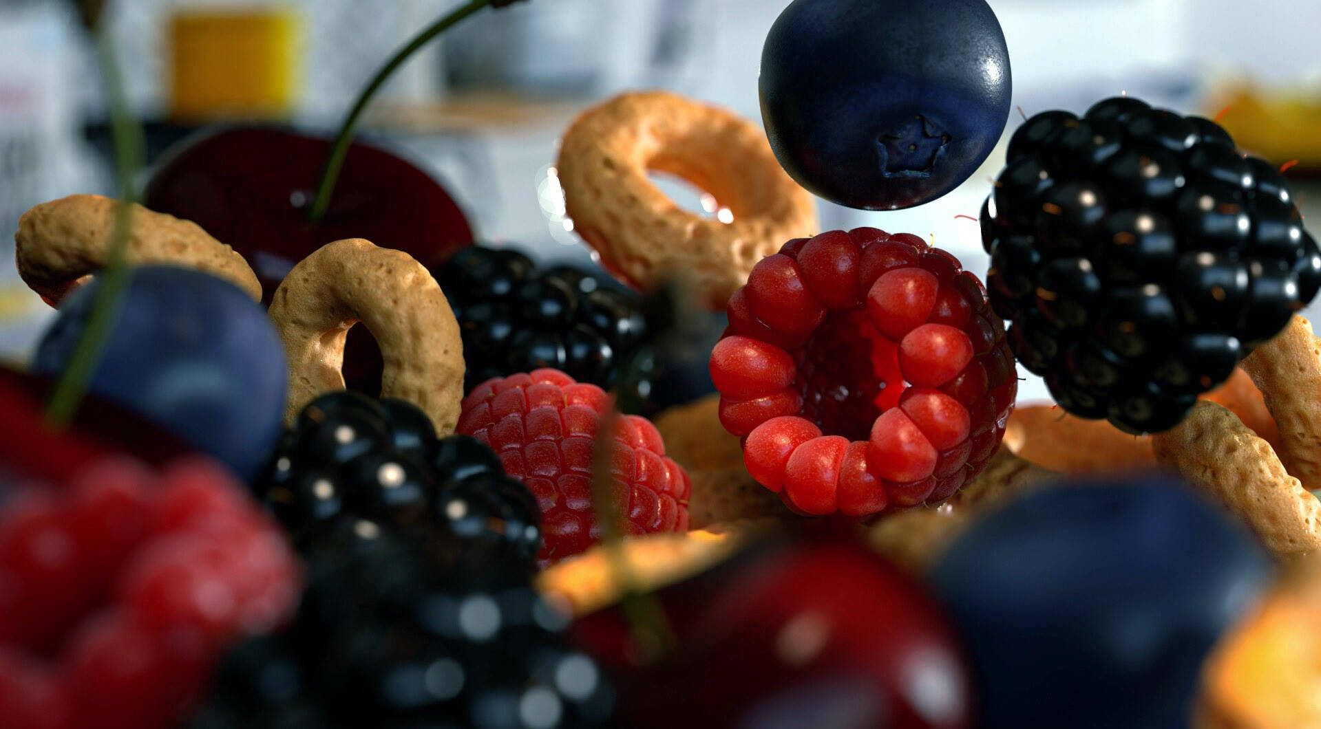 Berry 桌布 壁紙 — 一個充滿活力的特寫，各種莓果和穀物圈懸浮在半空中，景深較淺。