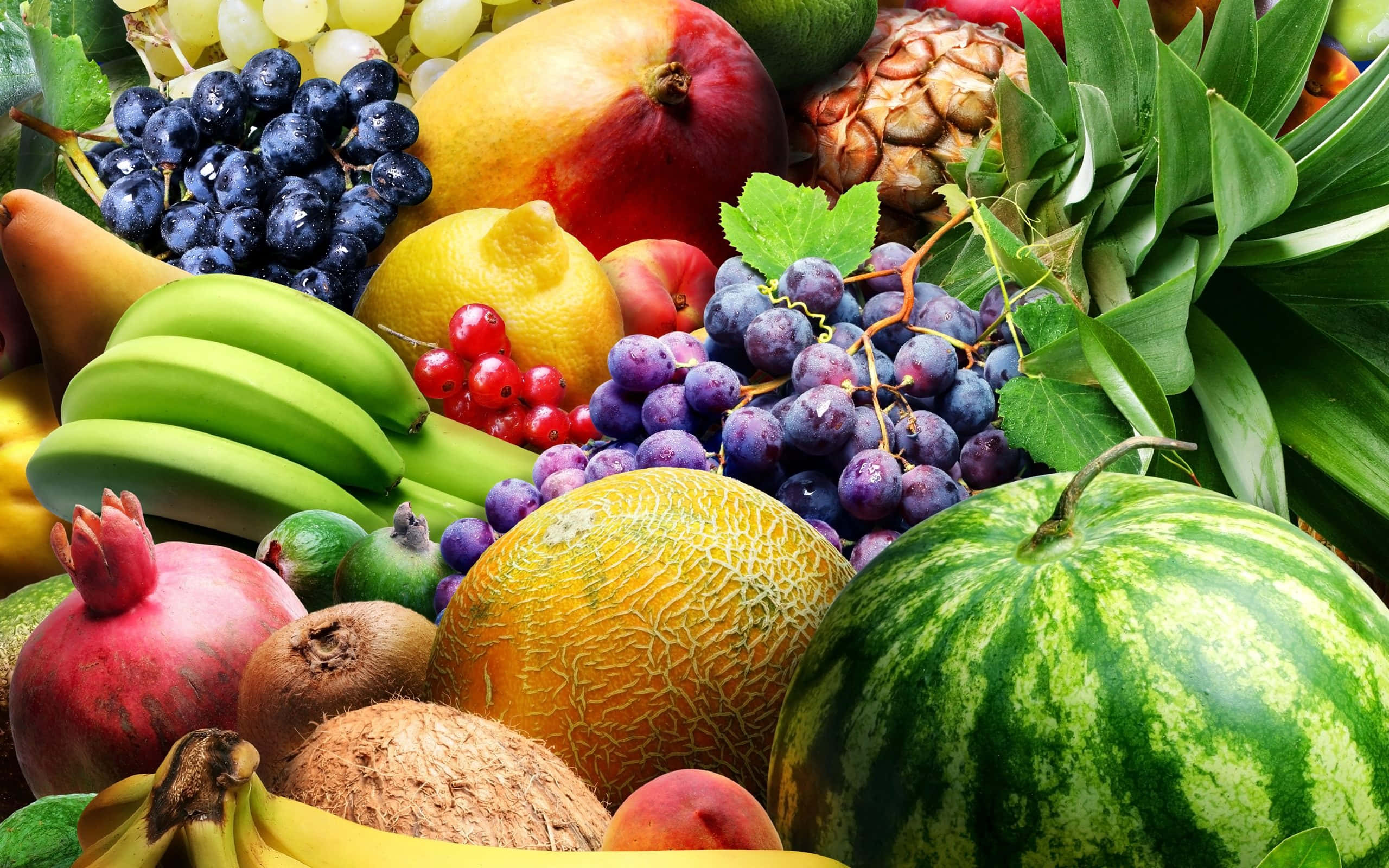 Fruit 桌布 壁紙 — 一個充滿活力的特寫鏡頭，展示了各種熱帶和溫帶水果，如西瓜、葡萄和香蕉，排列成茂密多彩的一堆。