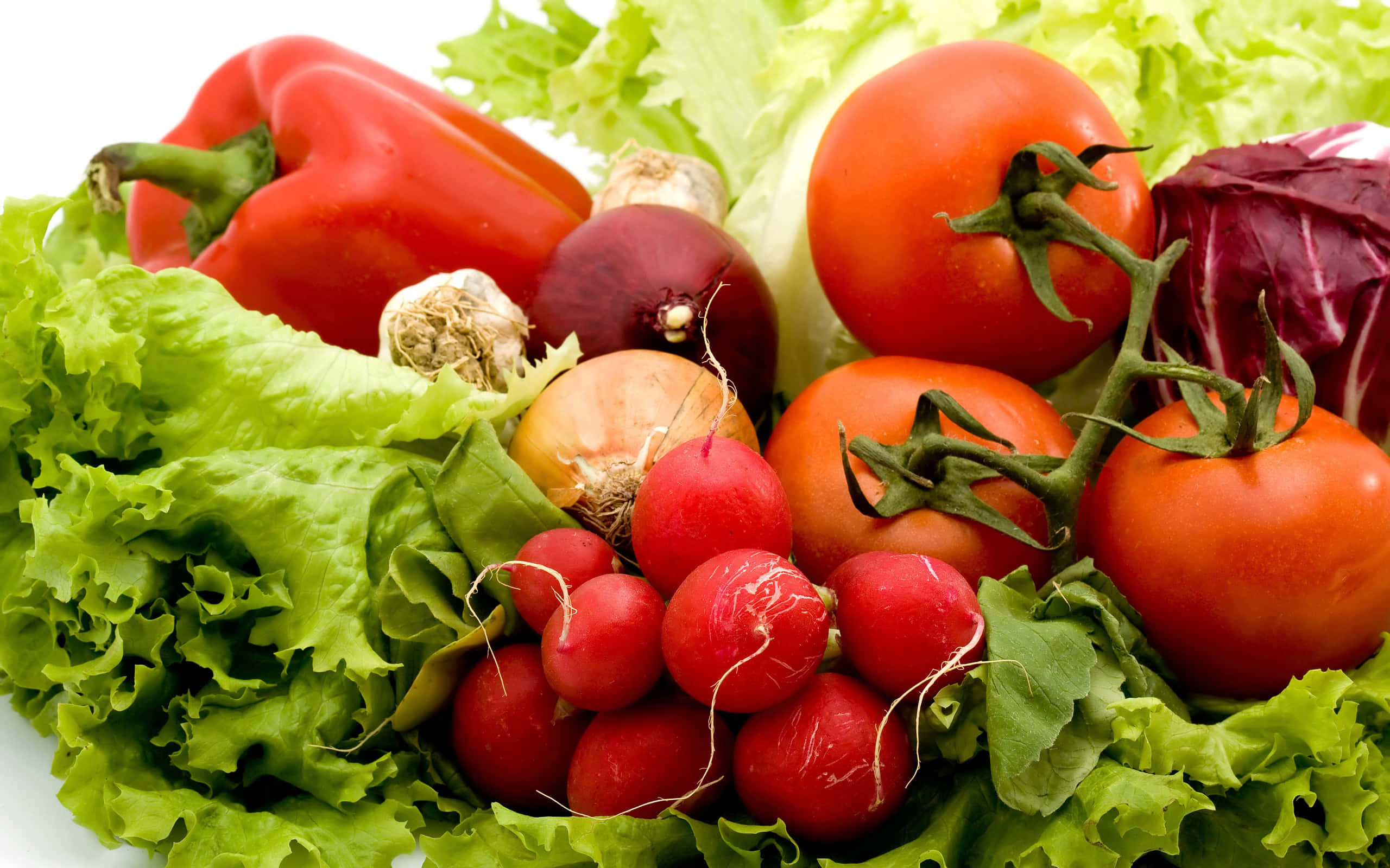 tomato 桌布 壁紙 — 一個充滿活力的特寫鏡頭，展示新鮮蔬菜，包括紅甜椒、番茄、小蘿蔔和生菜，排列在白色背景上。