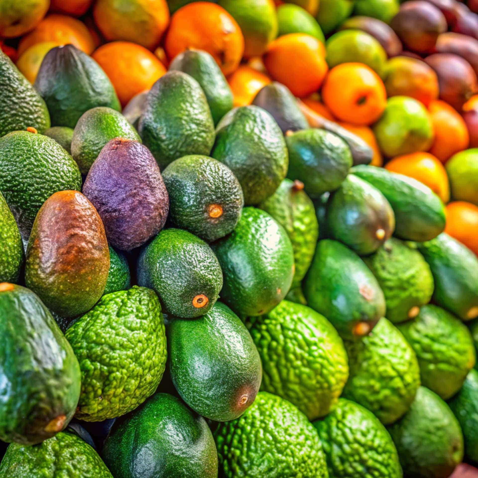 Fresh avocados 壁紙 — 一個充滿活力的特寫鏡頭，成熟的酪梨和柳橙堆疊在一起，展現出豐富的綠色、紫色和橙色色調。