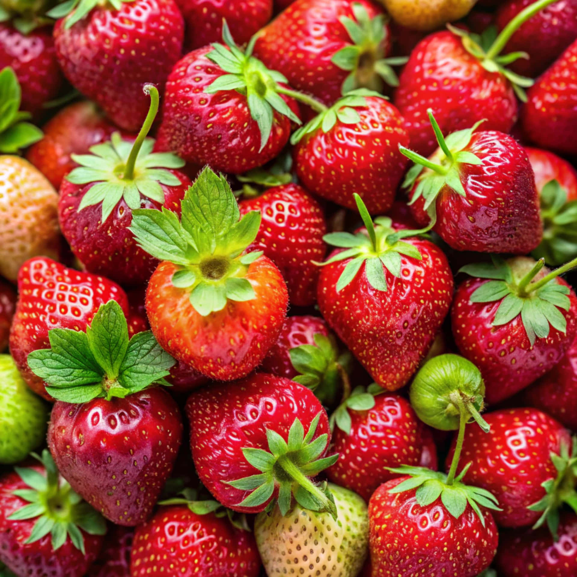 Fresh strawberry texture 壁紙 — 一個充滿活力的特寫鏡頭，飽滿成熟的草莓，帶有綠色莖葉，緊密地依偎在一起。