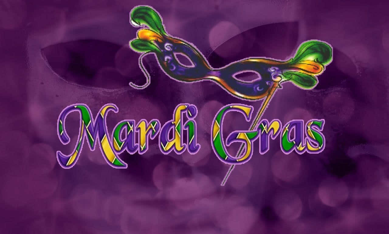Mardi Gras 桌布 壁紙 — 一個充滿活力的狂歡節面具和文字漂浮在夢幻般的紫色散景背景上。