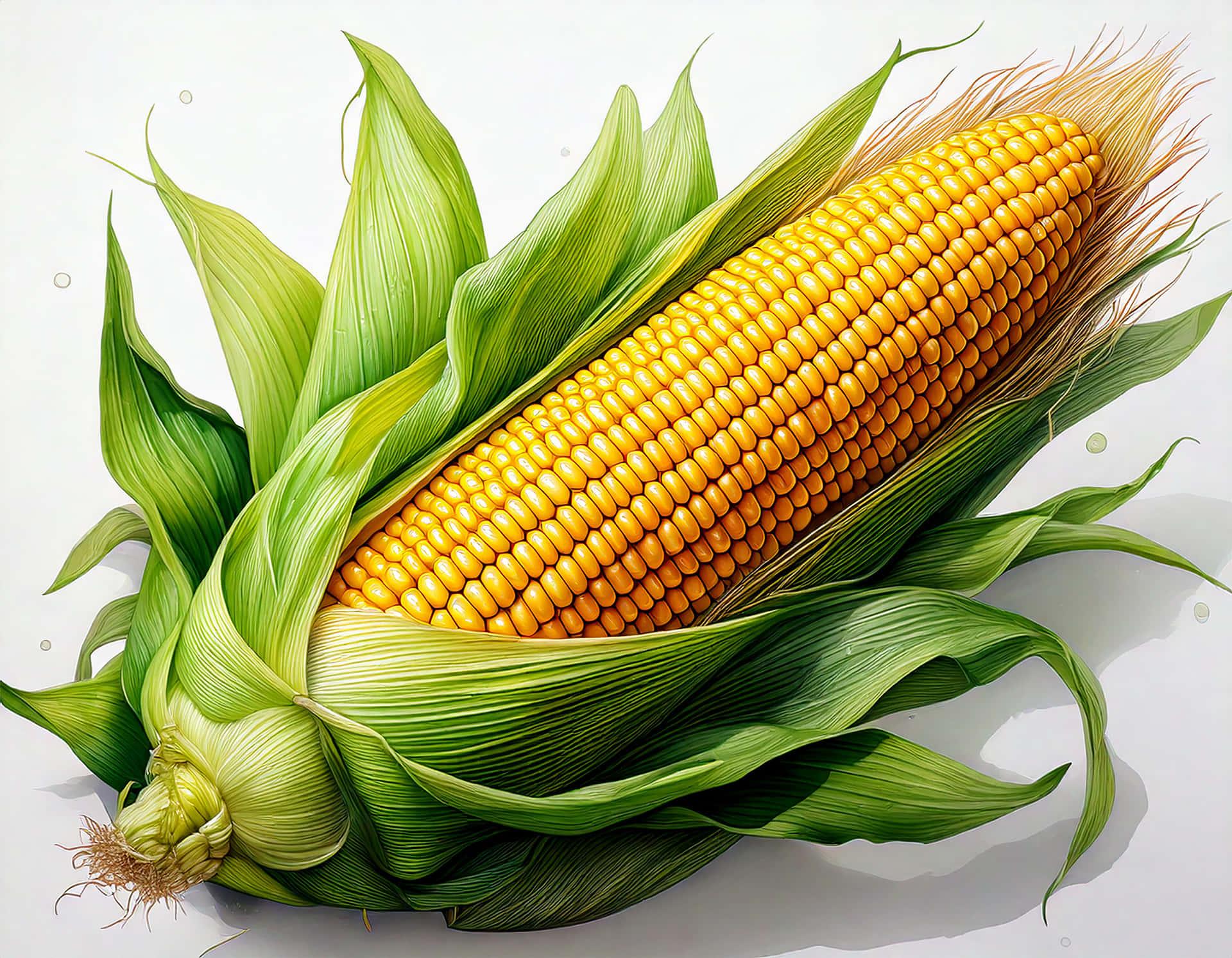Corn 壁紙 — 一個充滿活力的玉米，金色的玉米粒從翠綠的玉米皮中露出，襯托在潔白的背景上。
