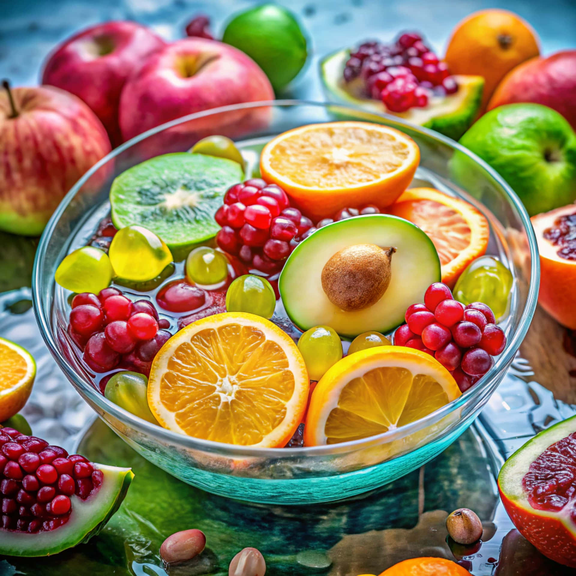 View of juicy fruit in water 壁紙 — 一個充滿活力的玻璃碗，裝滿了切片柳橙、奇異果、酪梨、葡萄和石榴籽，周圍是完整的蘋果和柑橘類水果，放在反光表面上。