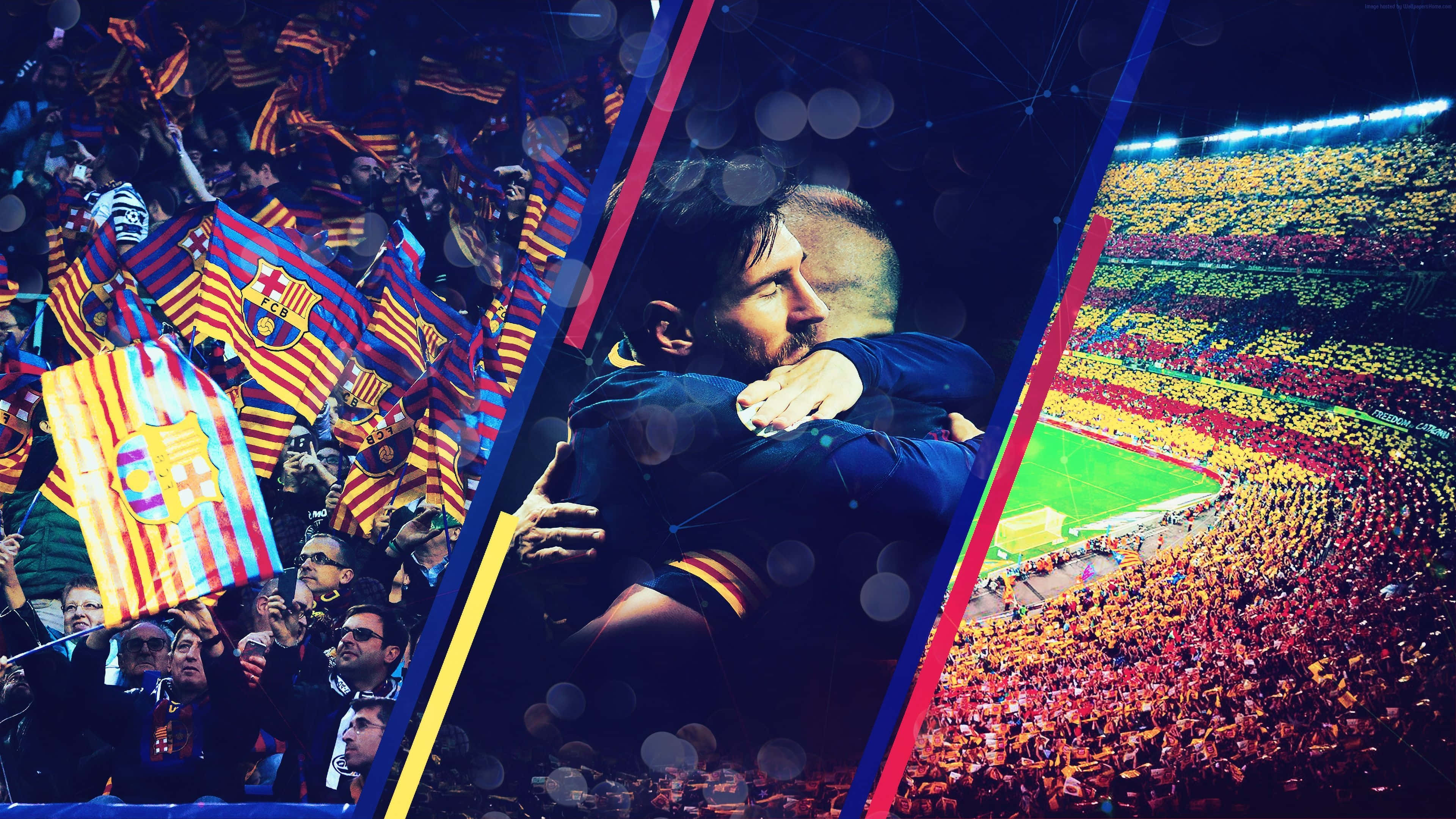 Fc Barcelona Desktop 桌布 壁紙 — 一個充滿活力的球場場景，球迷揮舞著加泰隆尼亞旗幟，兩名球員在明亮的燈光下深情擁抱。