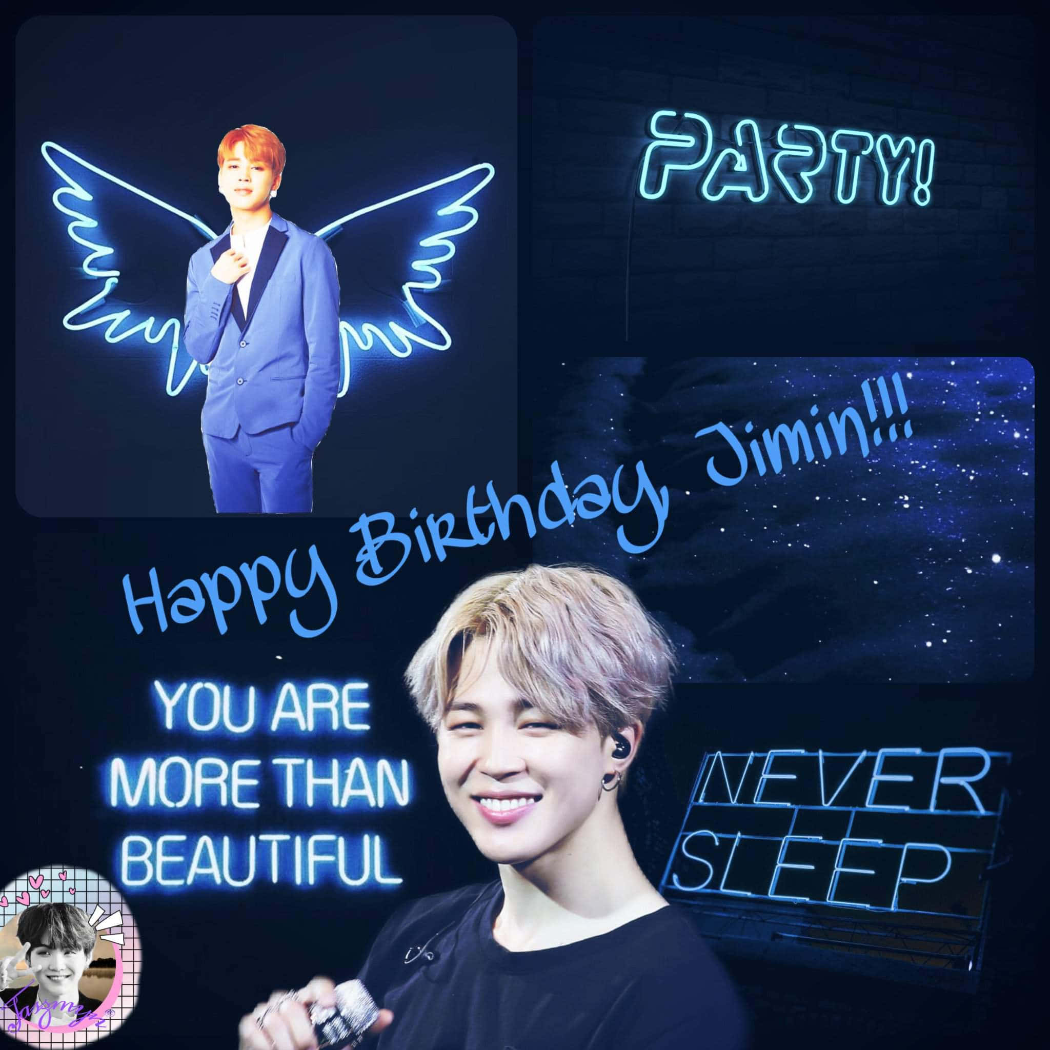Jimin Aesthetic 桌布 壁紙 — 一個充滿活力的生日拼貼畫，有一個微笑的男人帶著霓虹藍色翅膀，以及像「Happy Birthday Jimin」和「Party!」的文字疊加在深色磚牆上。