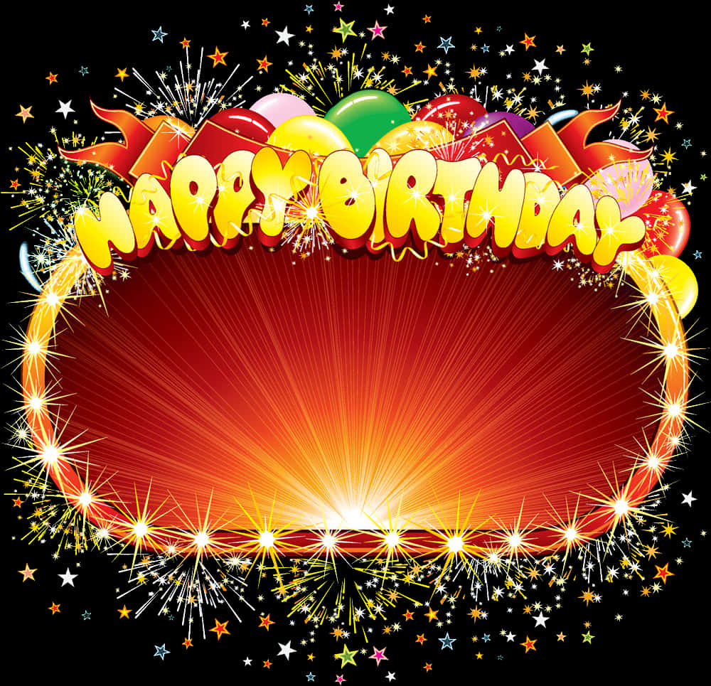 Happy Birthday Frames 桌布 壁紙 — 一個充滿活力的生日祝福，以黑色背景上發光的黃色文字，周圍環繞著彩色氣球、煙火和閃爍的星星。