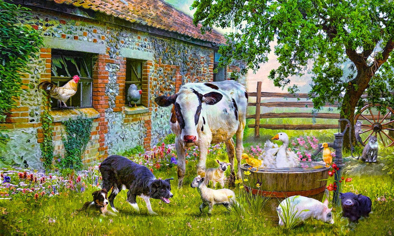 Farmhouse 桌布 壁紙 — 一個充滿活力的田園場景，有一頭斑點牛、羊、小鴨和小雞圍繞著一座石頭農舍，鮮花盛開。
