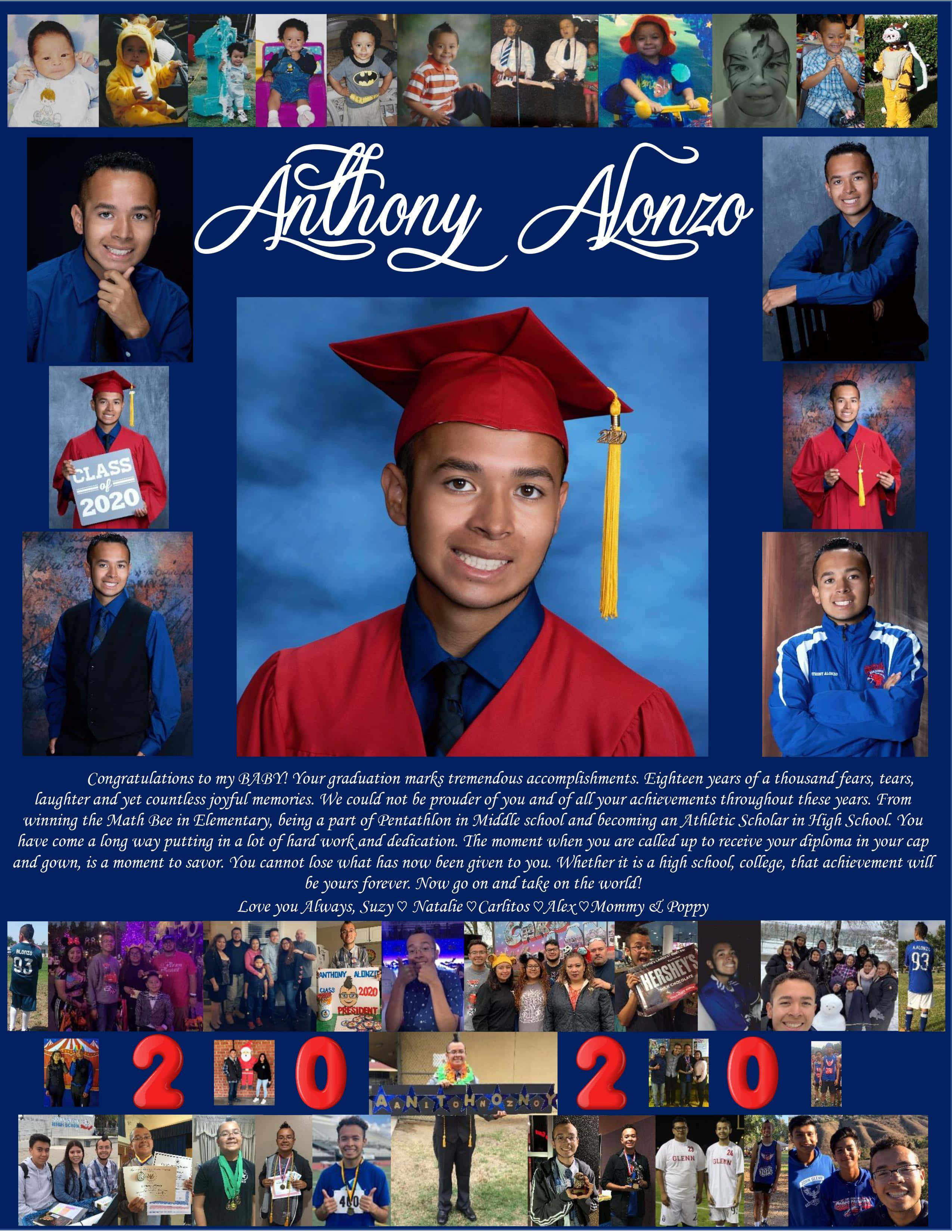 Graduation Hat 桌布 壁紙 — 一個充滿活力的畢業拼貼畫，慶祝 Anthony Alonzo 從嬰兒照片到高中畢業袍的旅程，並以家人和朋友的回憶為框架。