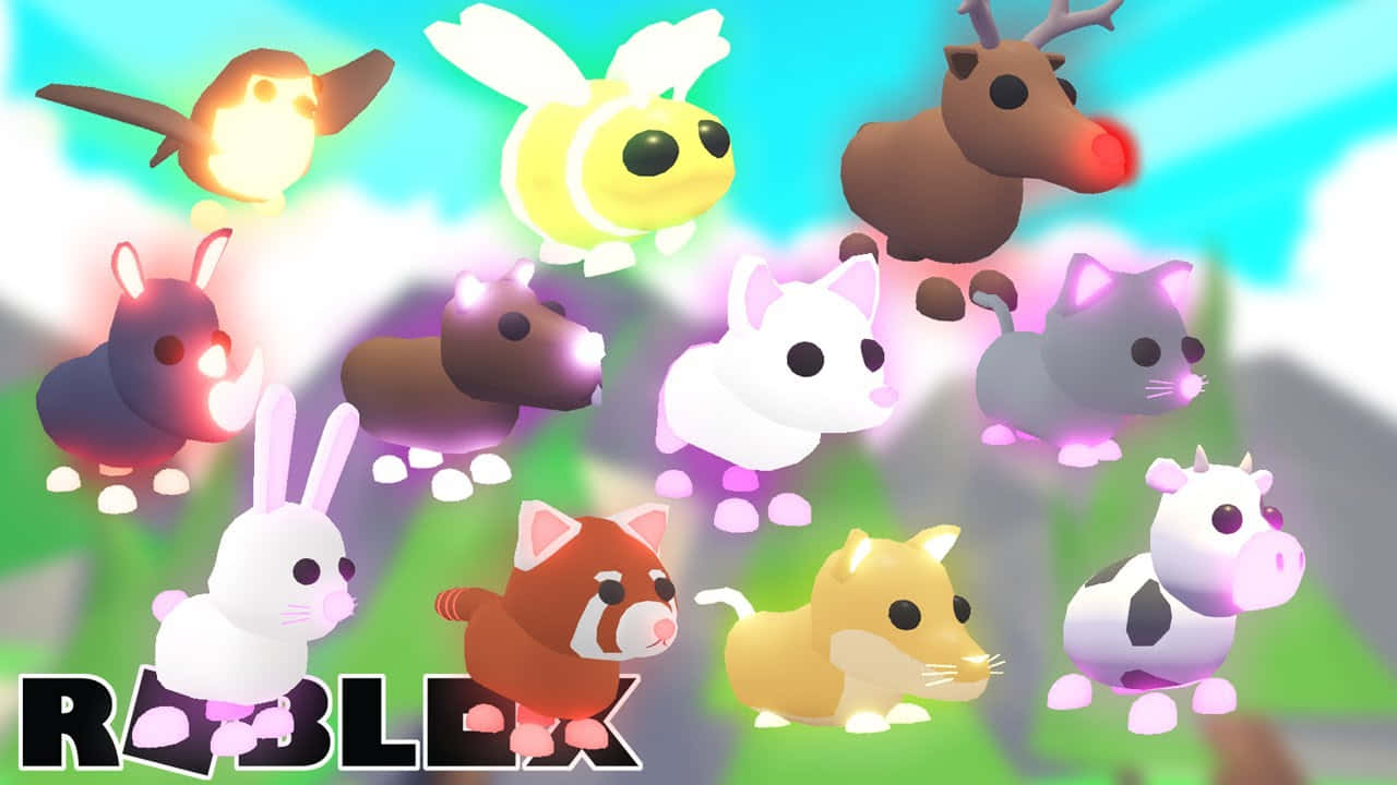 Roblox 桌布 壁紙 — 一個充滿活力的發光Roblox風格卡通動物收藏，漂浮在帶有柔軟雲朵的明亮天空中。