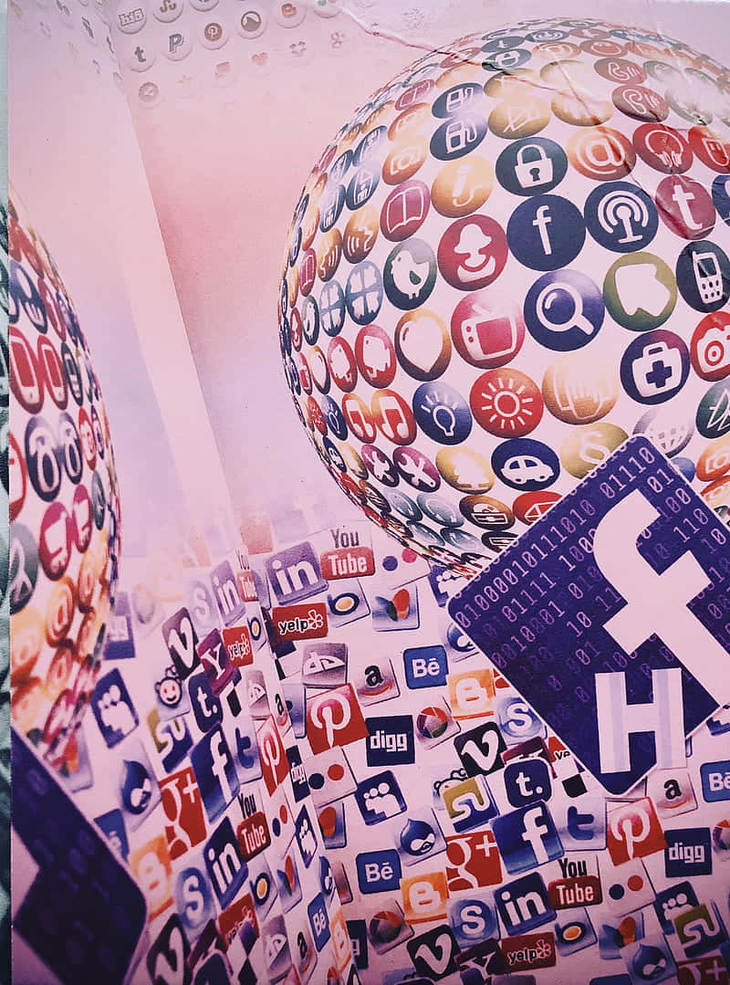 Social 桌布 壁紙 — 一個充滿活力的社交媒體圖標拼貼畫覆蓋了漂浮的球體和牆壁，在超現實的數位空間中。