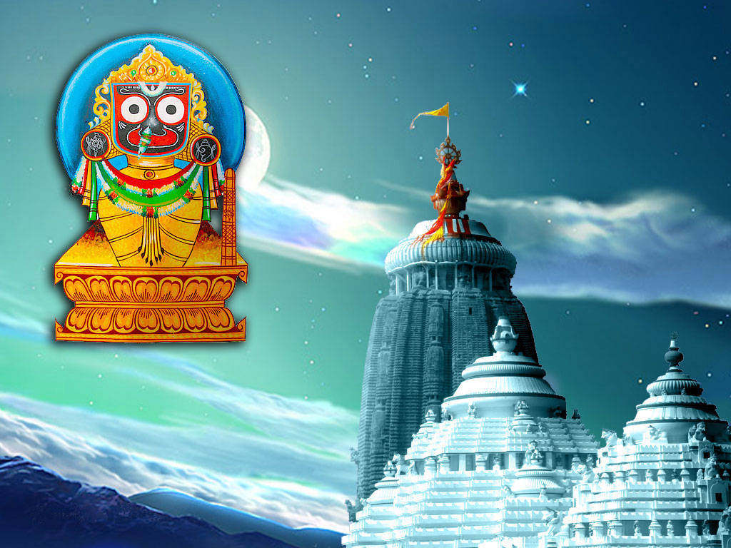 Jagannath 桌布 壁紙 — 一個充滿活力的神像漂浮在雄偉寺廟旁邊，背景是繁星點點的暮色天空，有一彎新月。